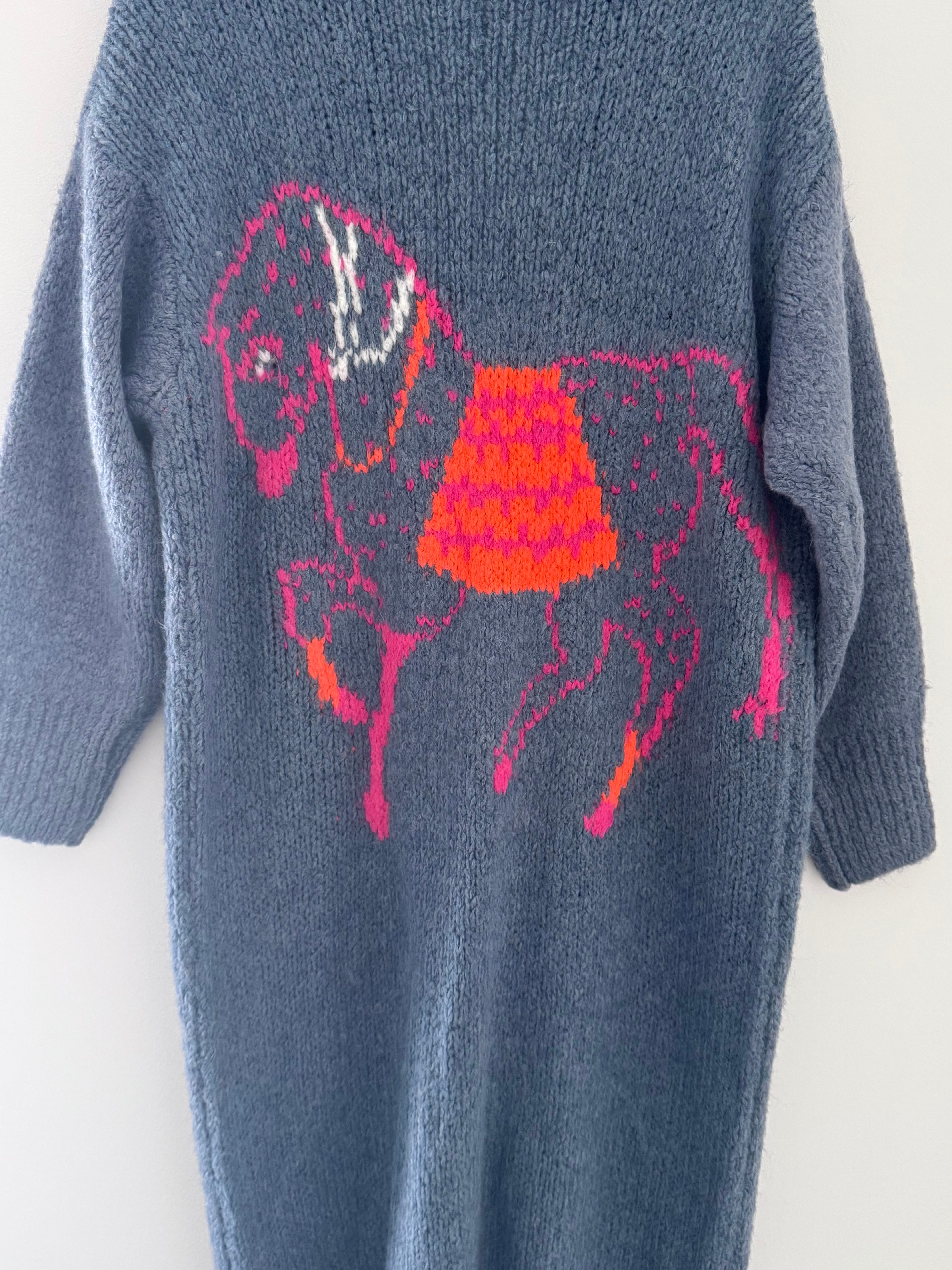 Luxe Neon Horse Cardi in Denim Blue