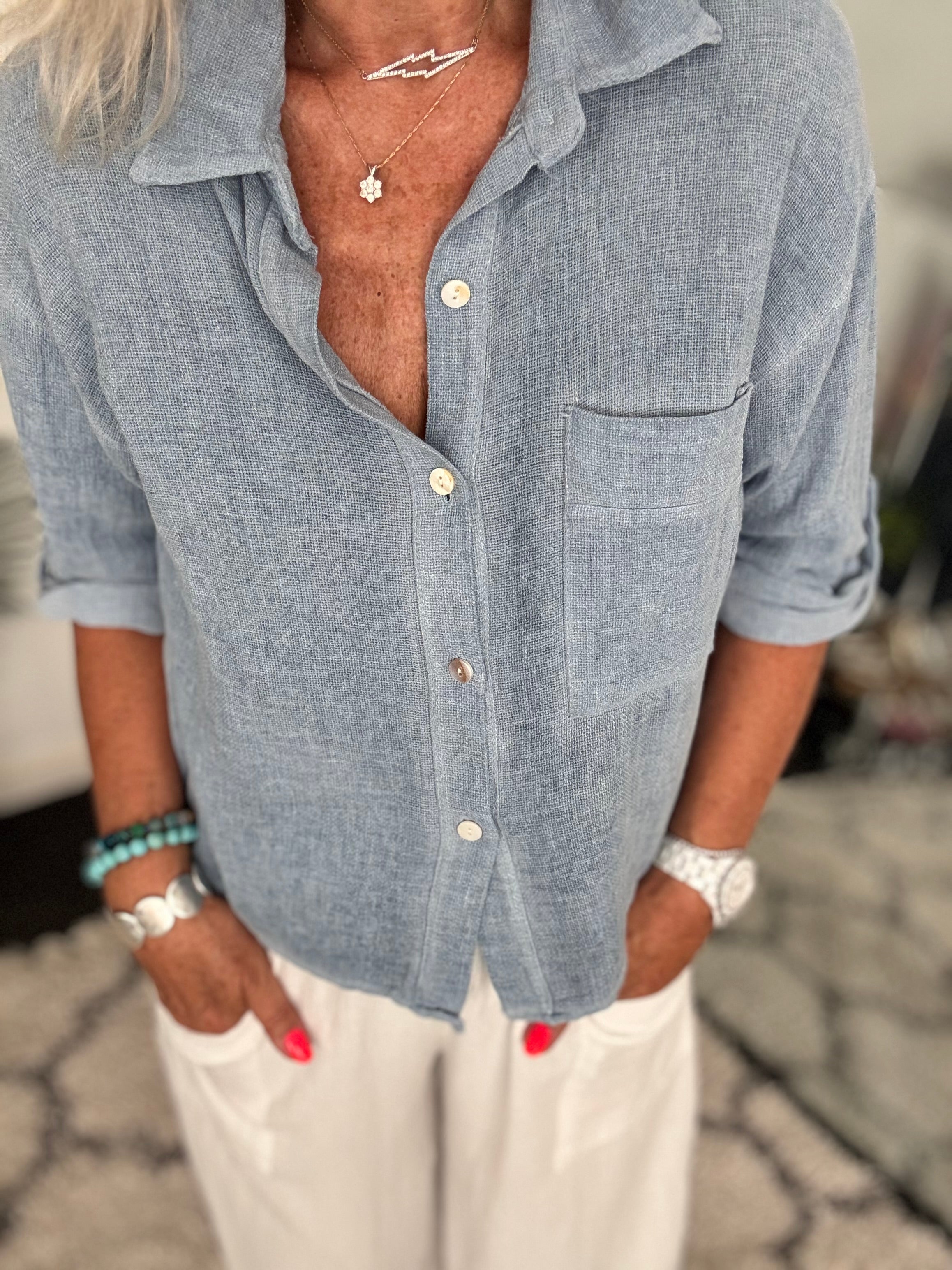 Linen & Cotton Pocket Top in Denim Blue