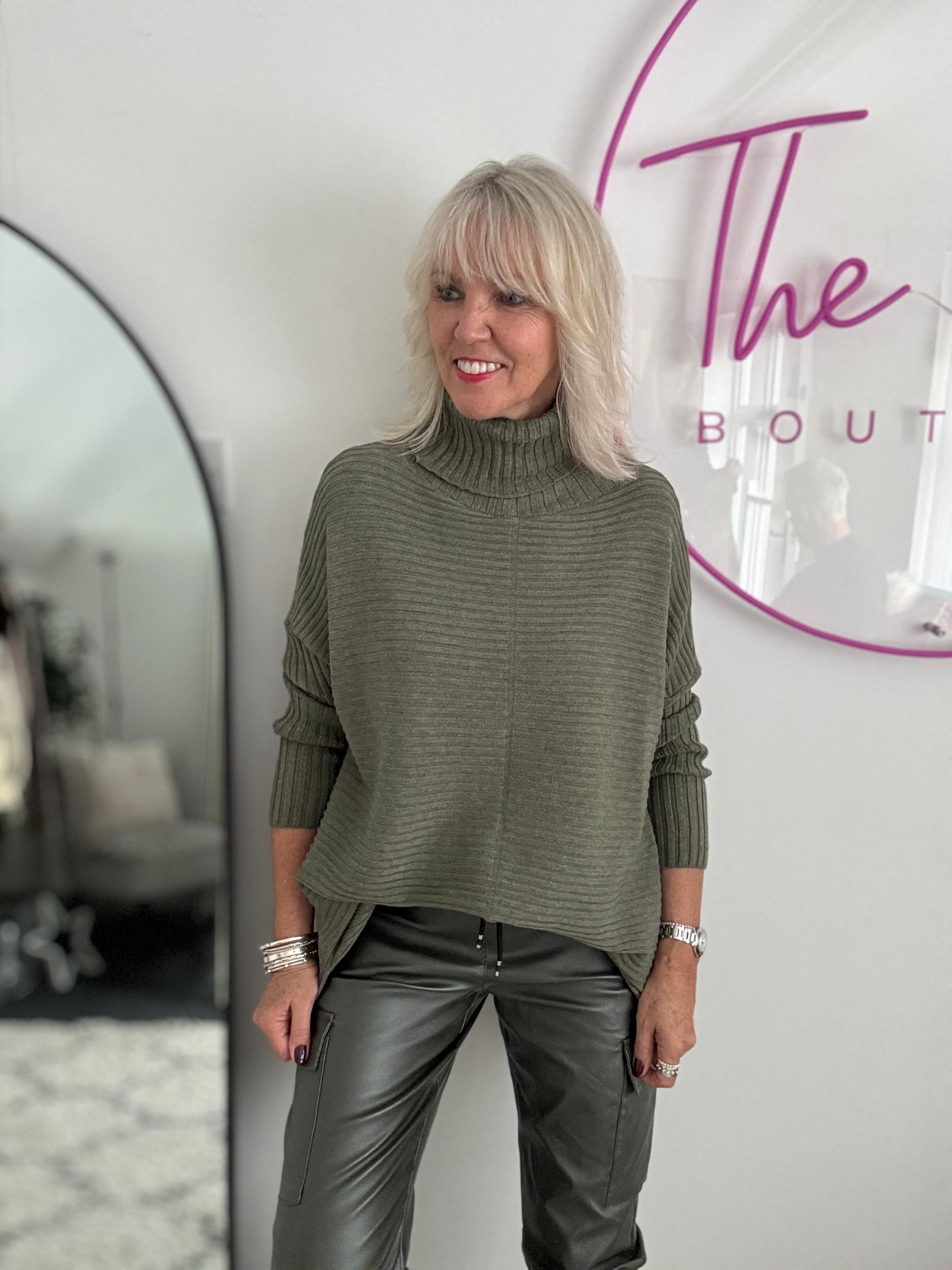 Ribbed Roll Neck Poncho Jumper in Khaki