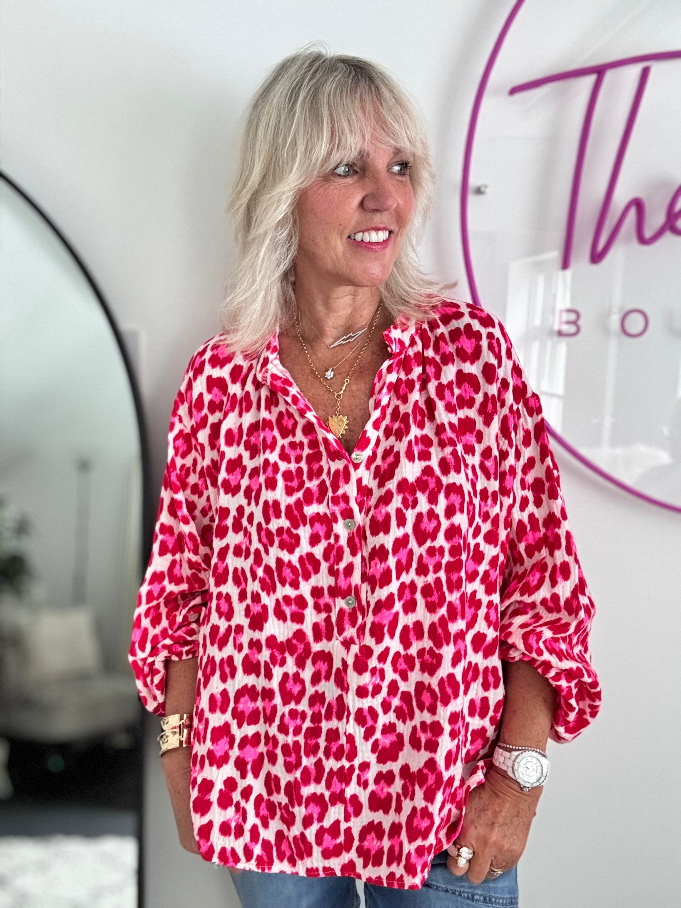 Oversized Cheesecloth Shirt in Red & Pink Leopard