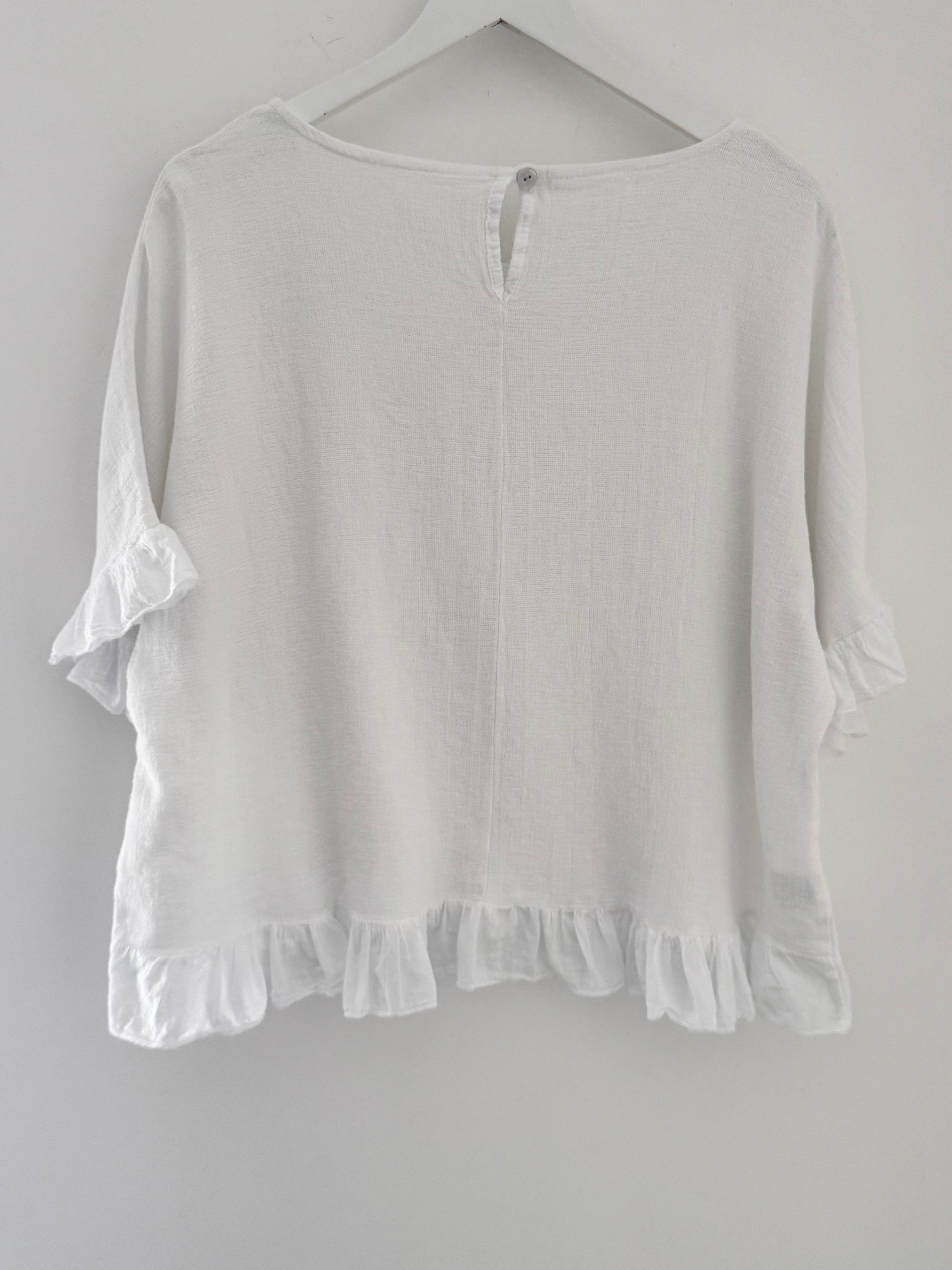 Linen & Cotton Ruffle Edge Top in White