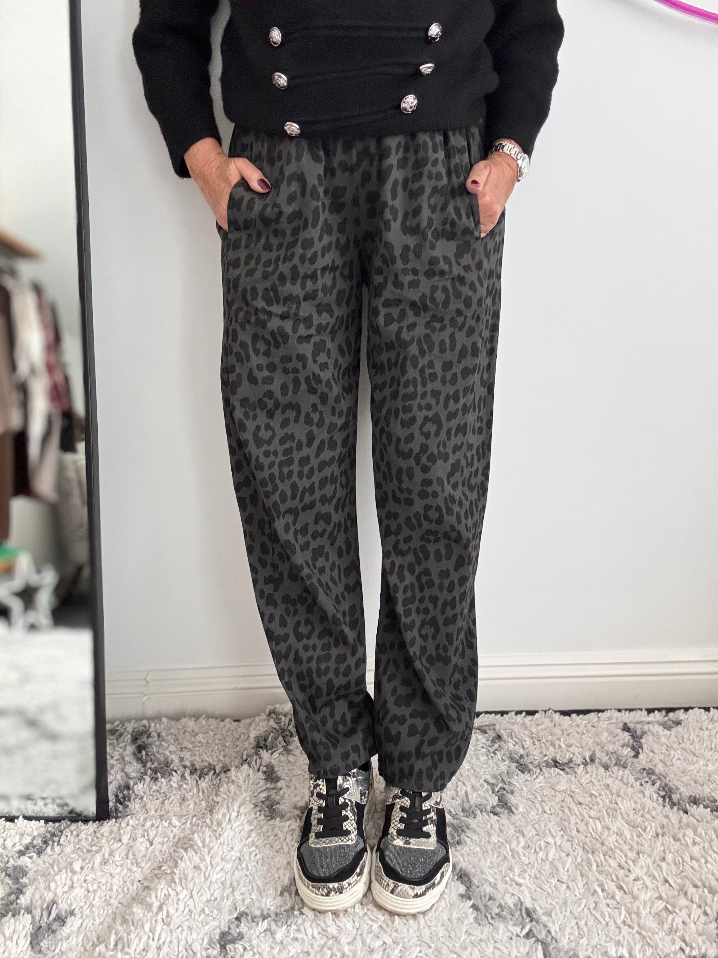 Animal Print Trousers in Charcoal Leopard