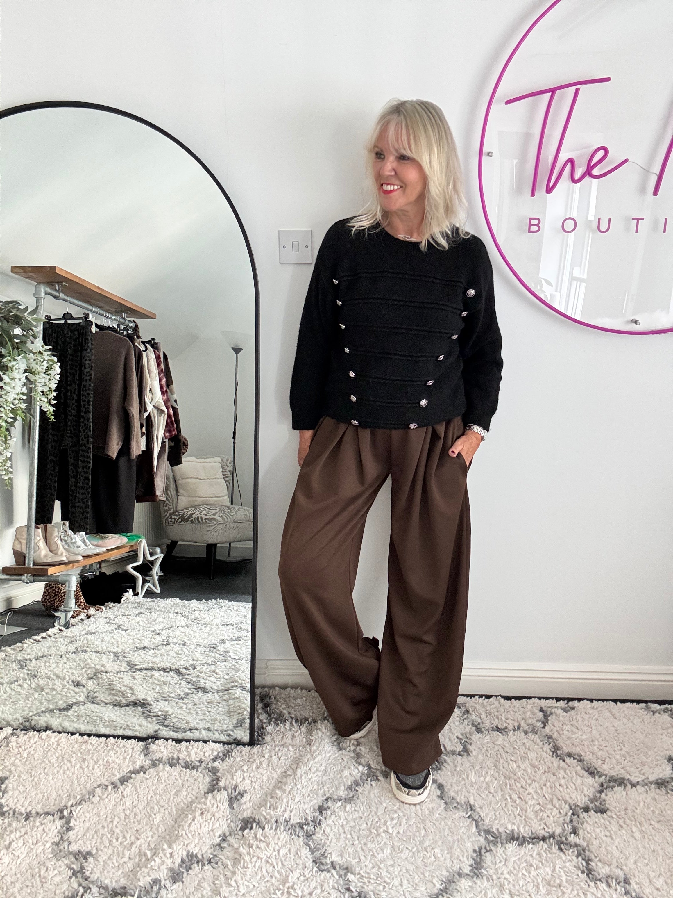 Wide Leg Stretch Trousers in Chocolate