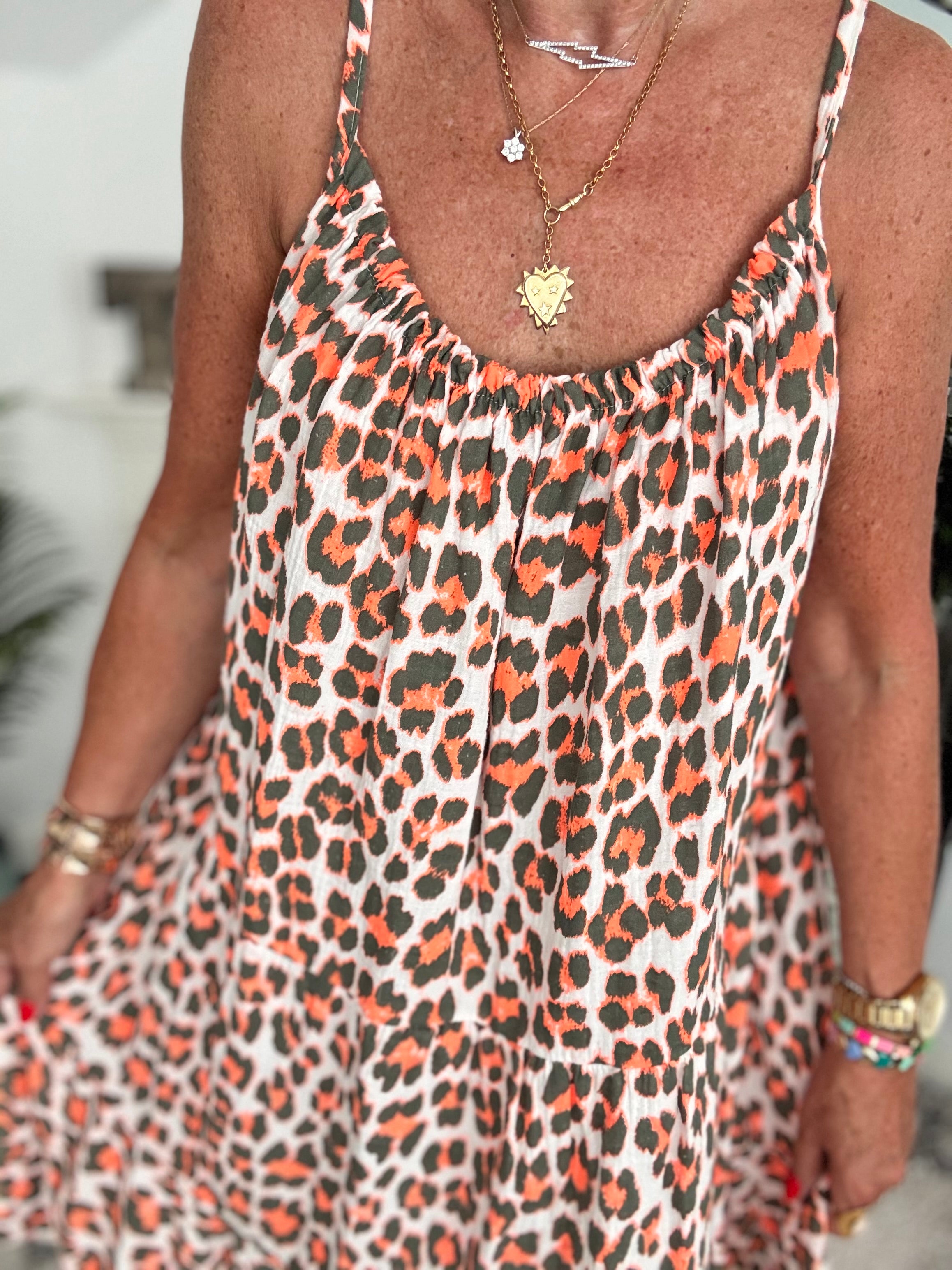 Leopard Cheesecloth Dress in Khaki & Orange