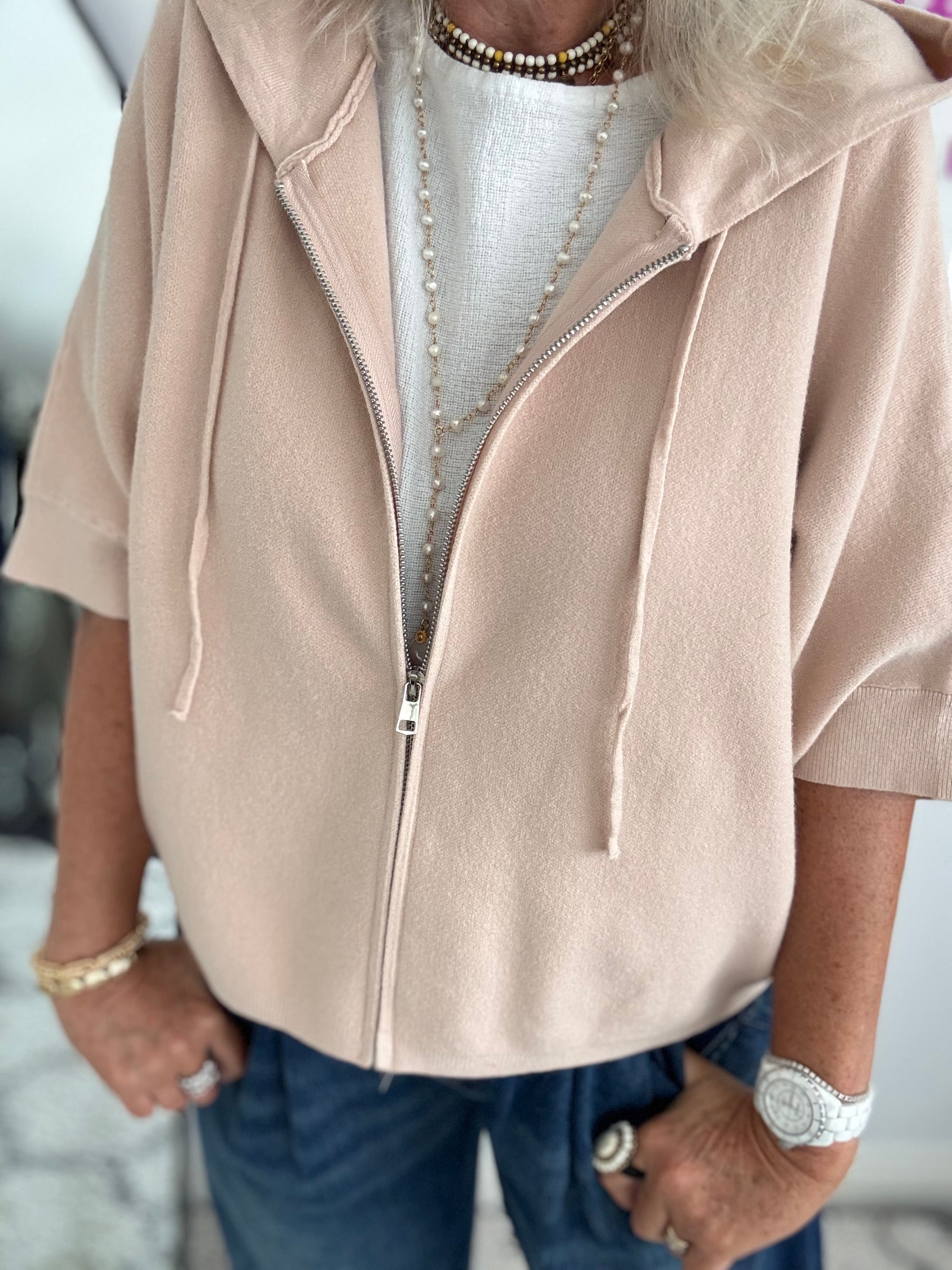 Soft Hooded Zipped Knit in Pink