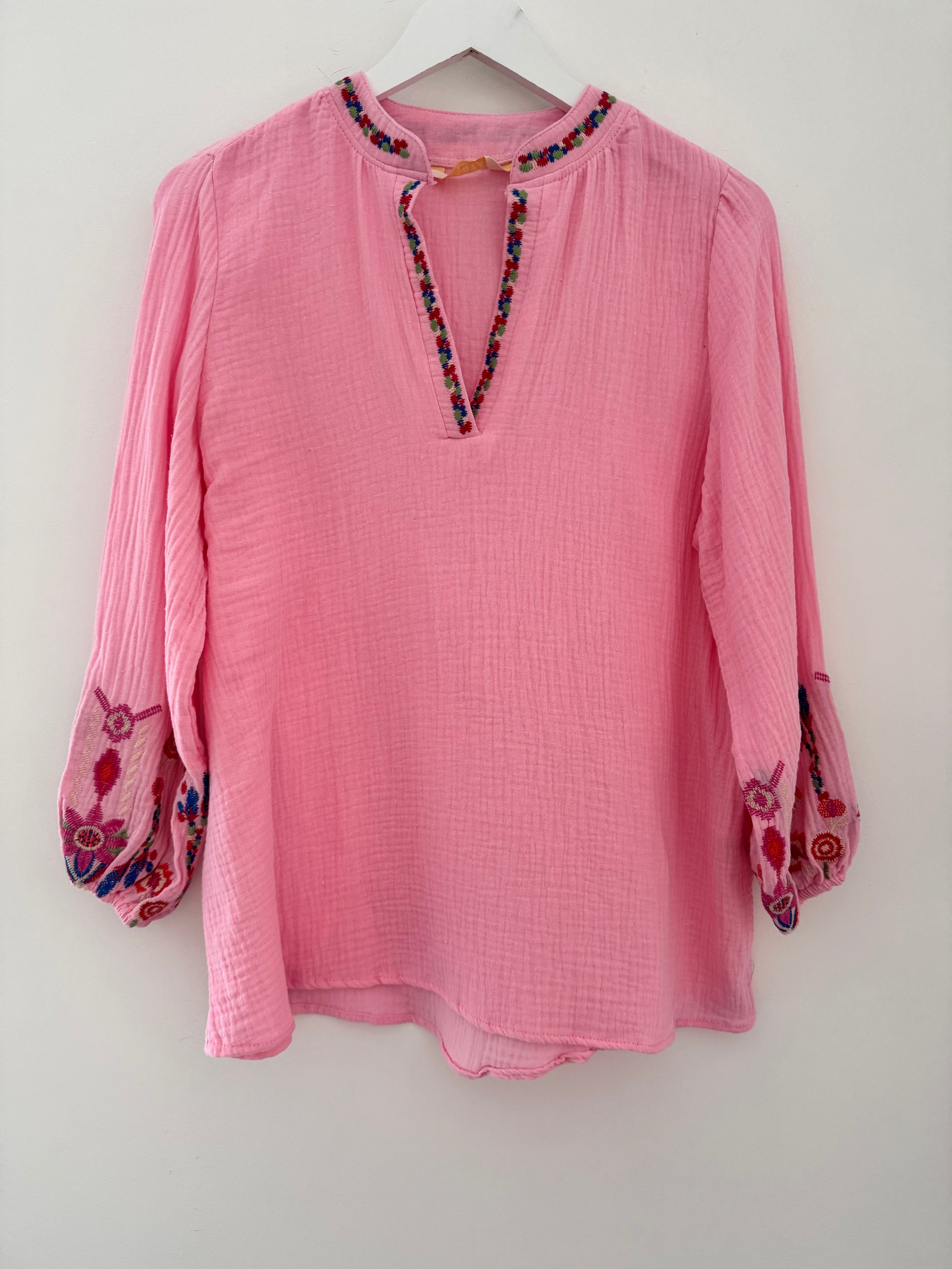 Embroidered Cheesecloth Blouse in Candy Pink