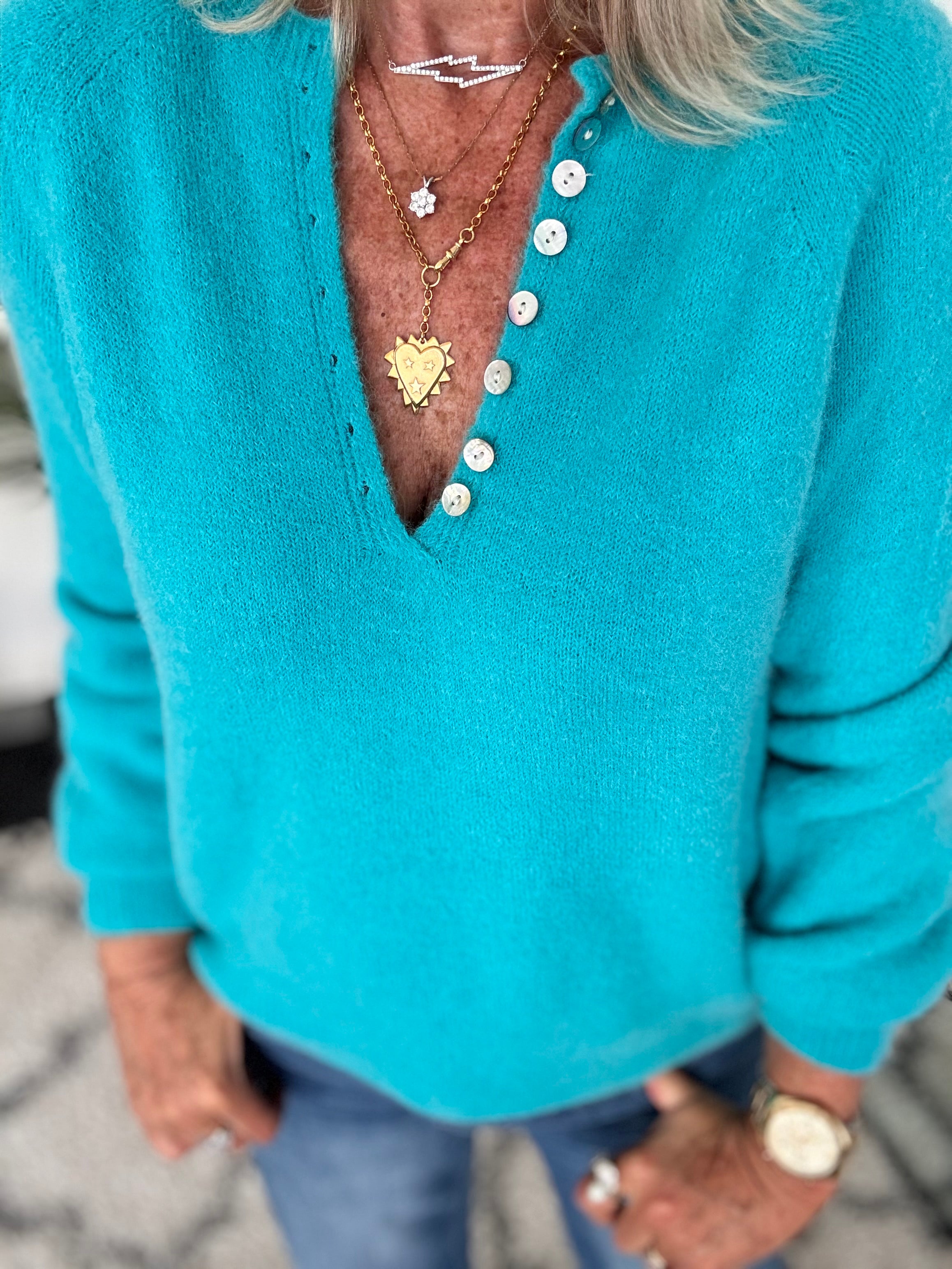 Softie Jumper with Button Neck in Turquoise