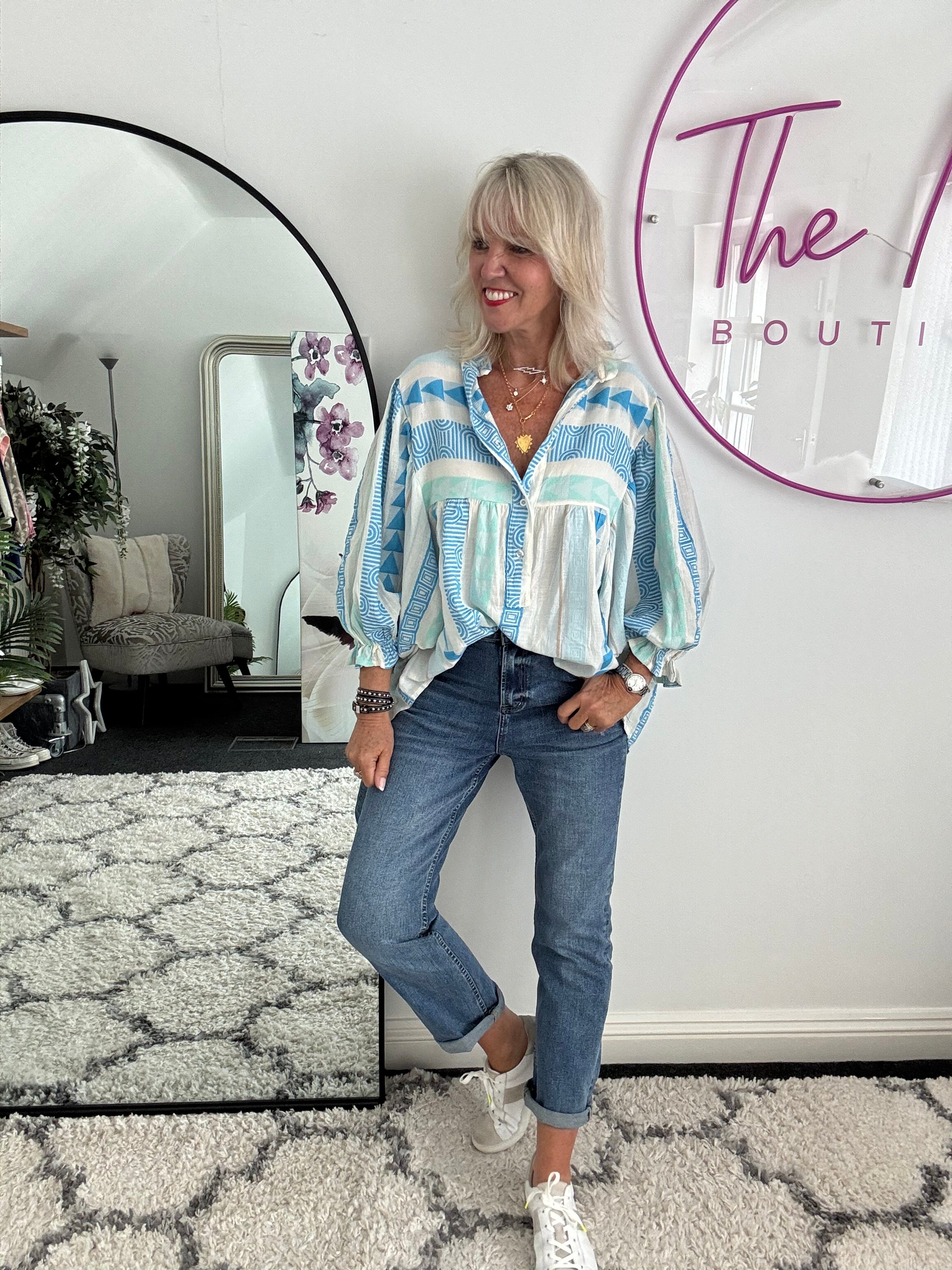 Embroidered Shirt in Blue & Mint