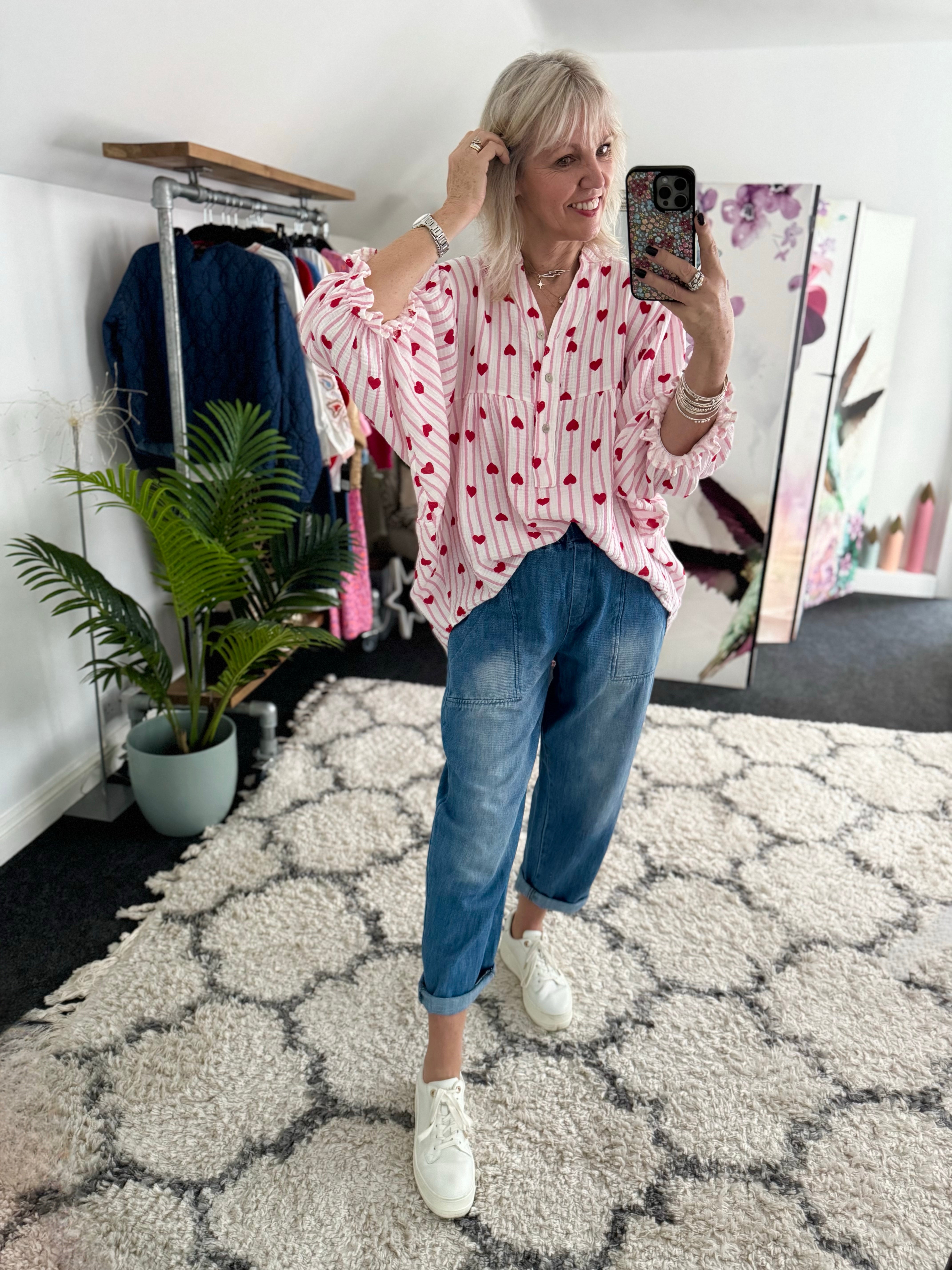 Oversized Cheesecloth Heart Blouse in Pink & Red