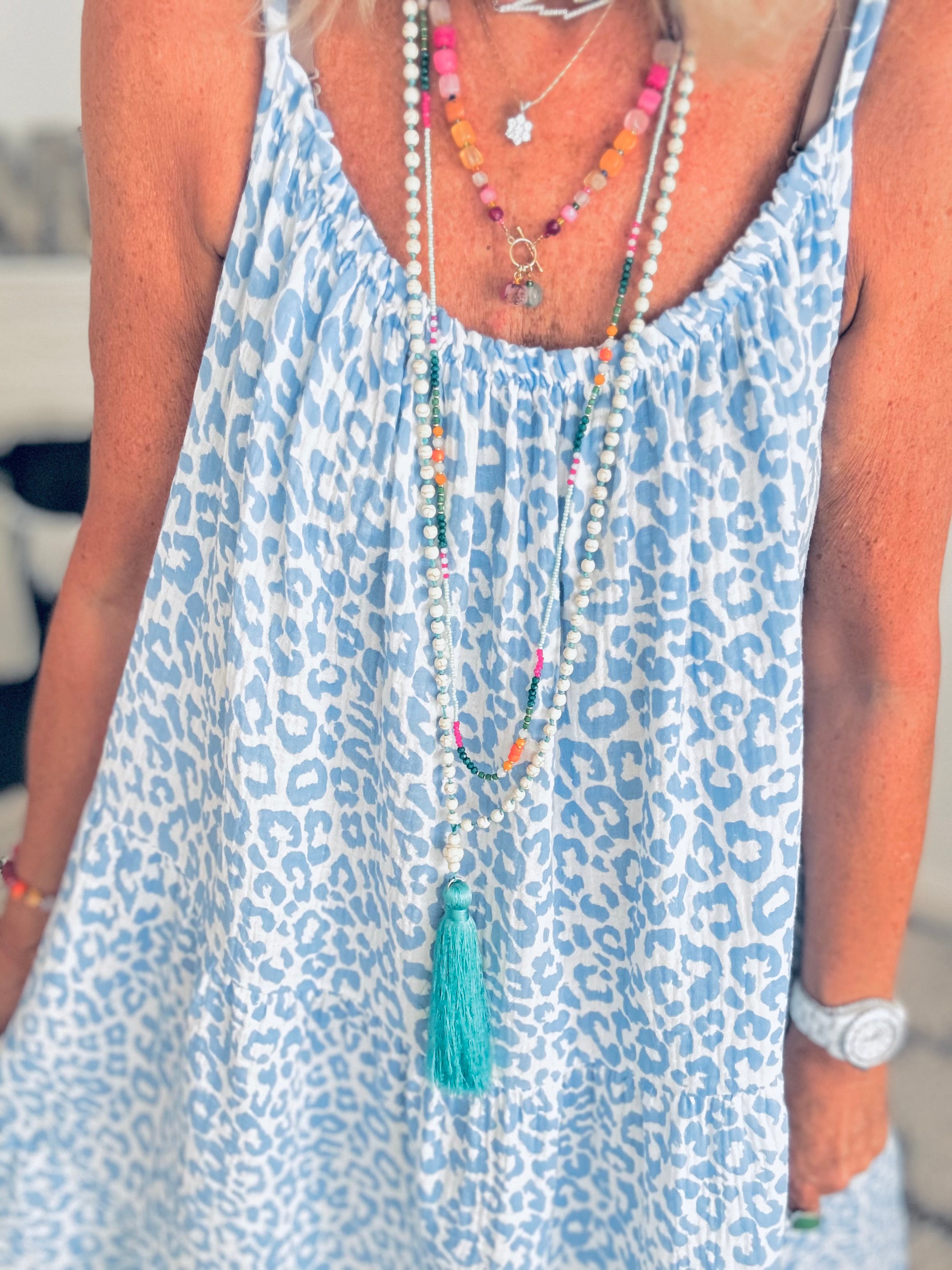 Leopard Cheesecloth Dress in Blue & White