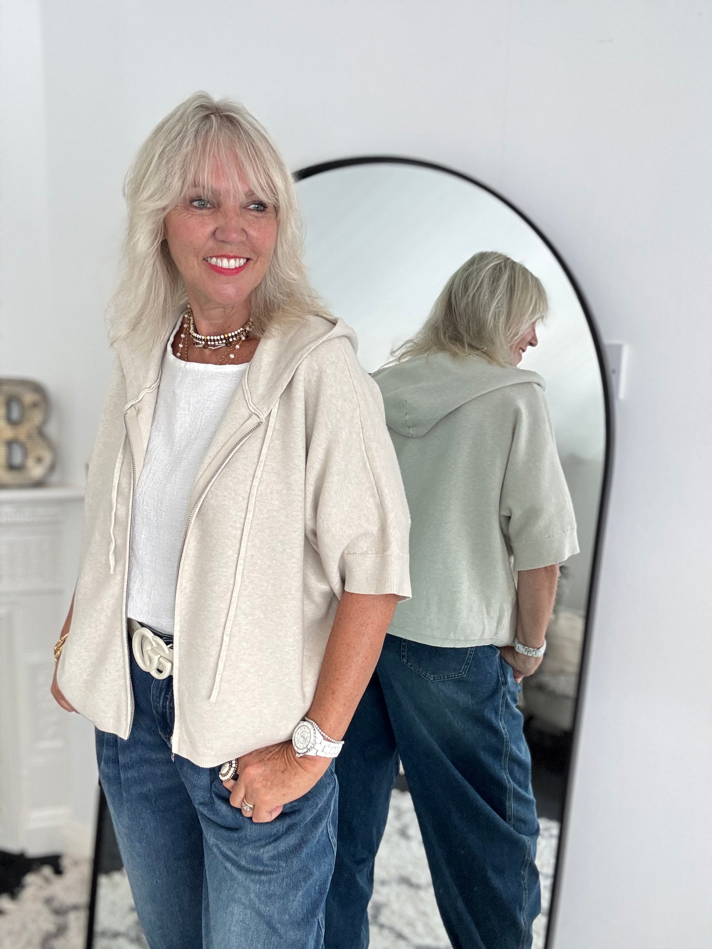 Soft Hooded Zipped Knit in Ecru