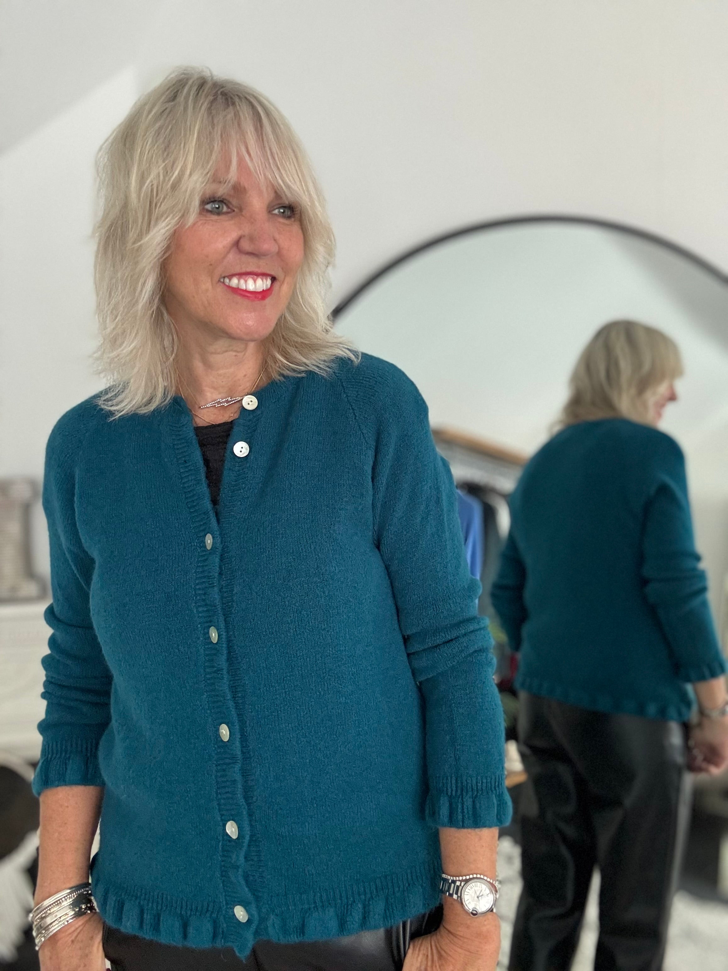 Alpaca Cardi with Frill Hems in Teal