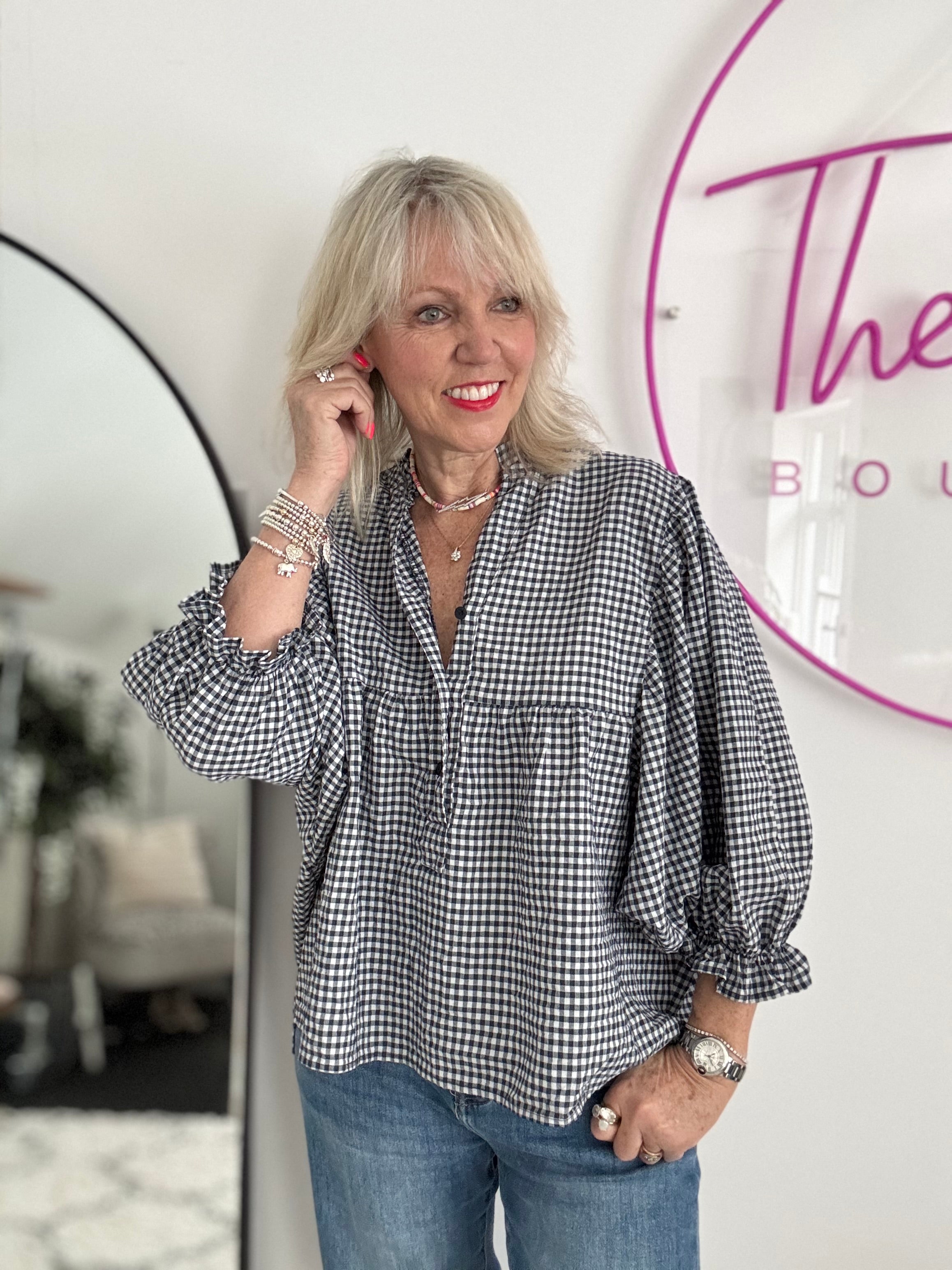 Gingham Seersucker Blouse in Navy