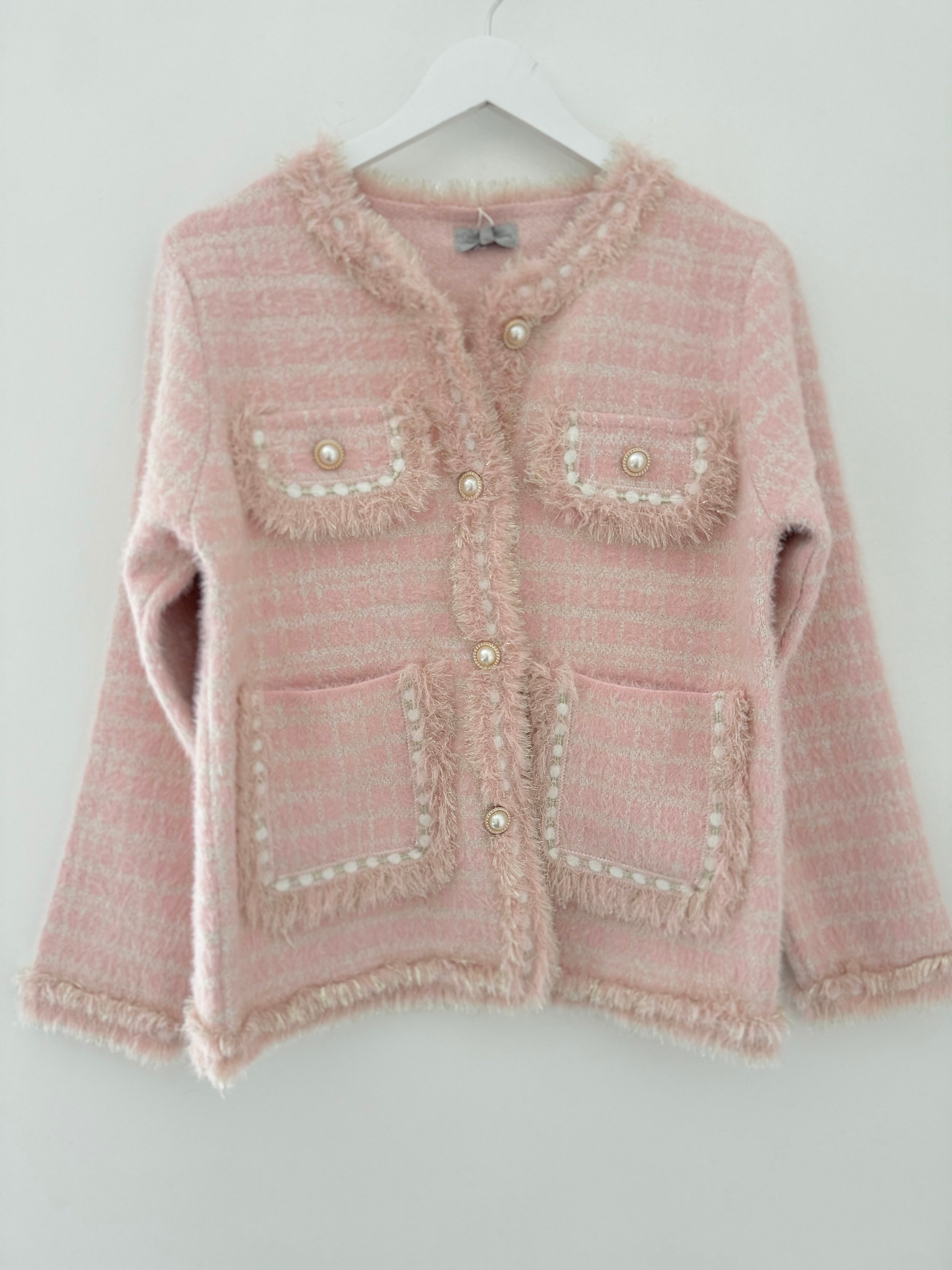 Pearl Button & Tweed Cardi Jacket in Pink