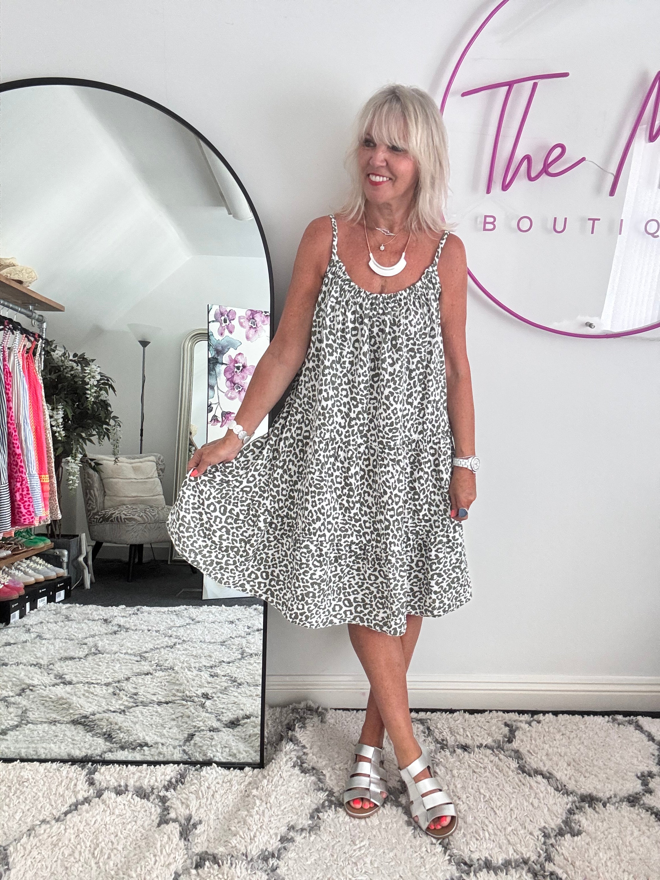 Leopard Cheesecloth Dress in Khaki & White