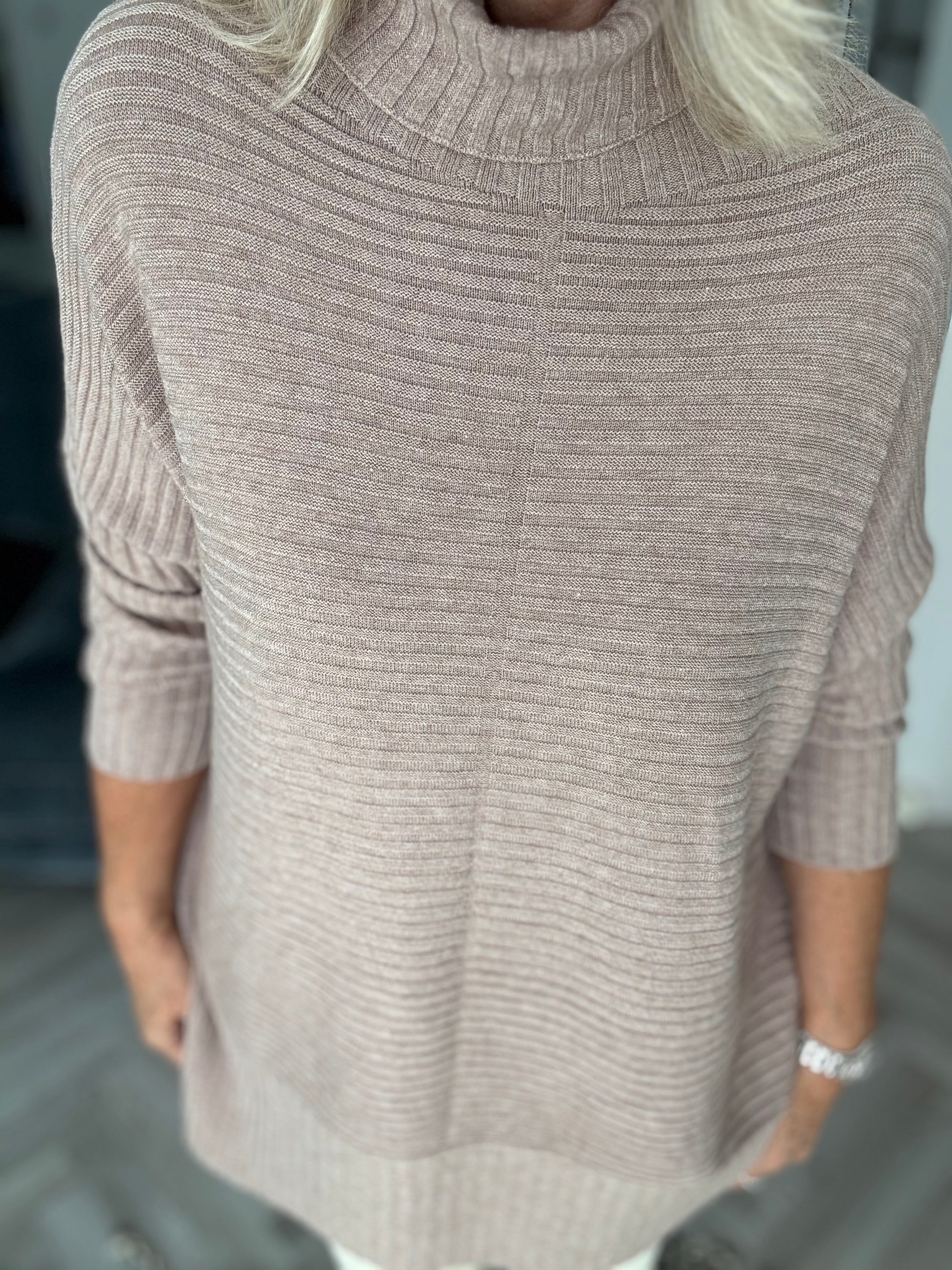 Ribbed Roll Neck Poncho Jumper in Mocha