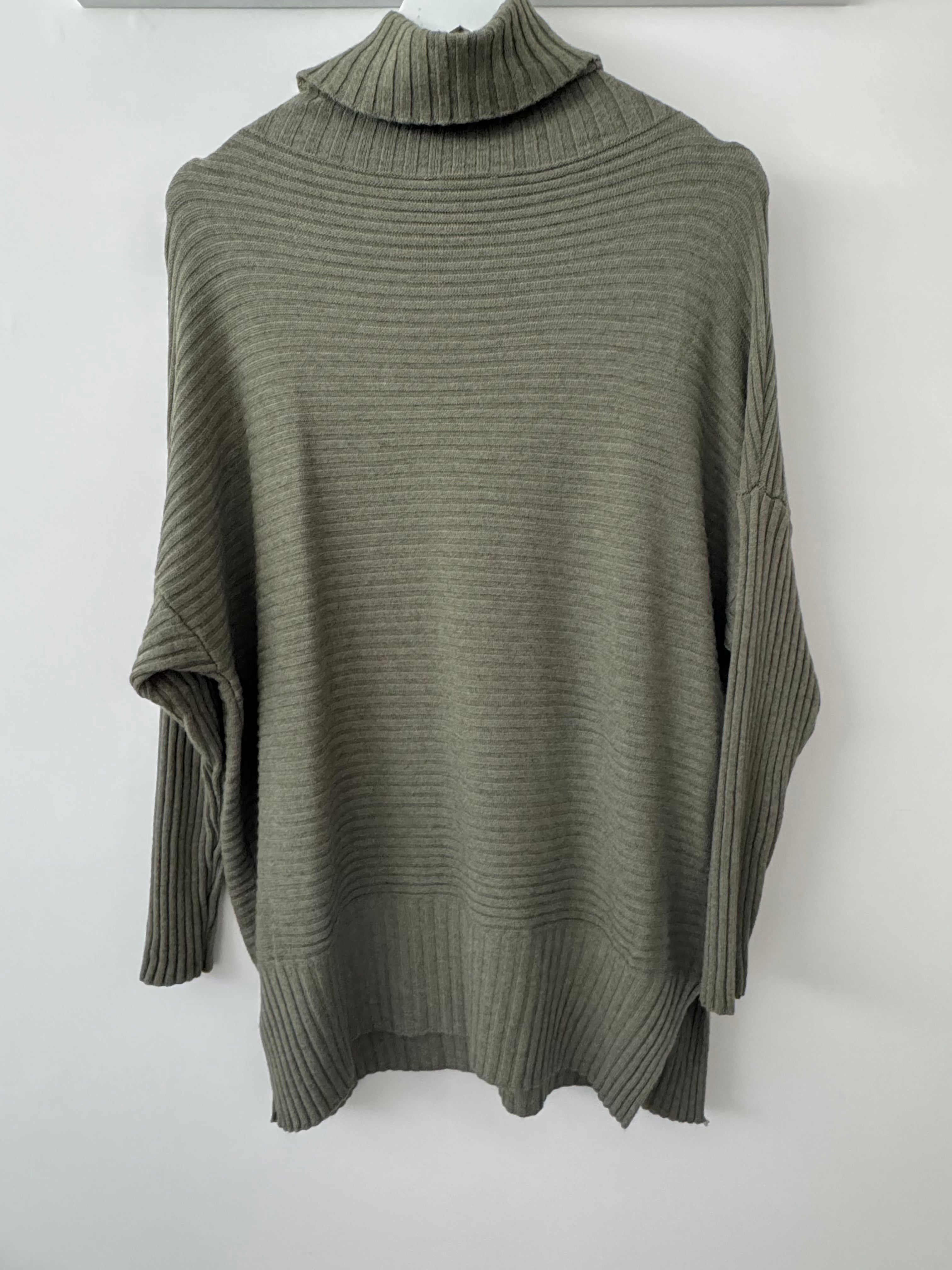 Ribbed Roll Neck Poncho Jumper in Khaki
