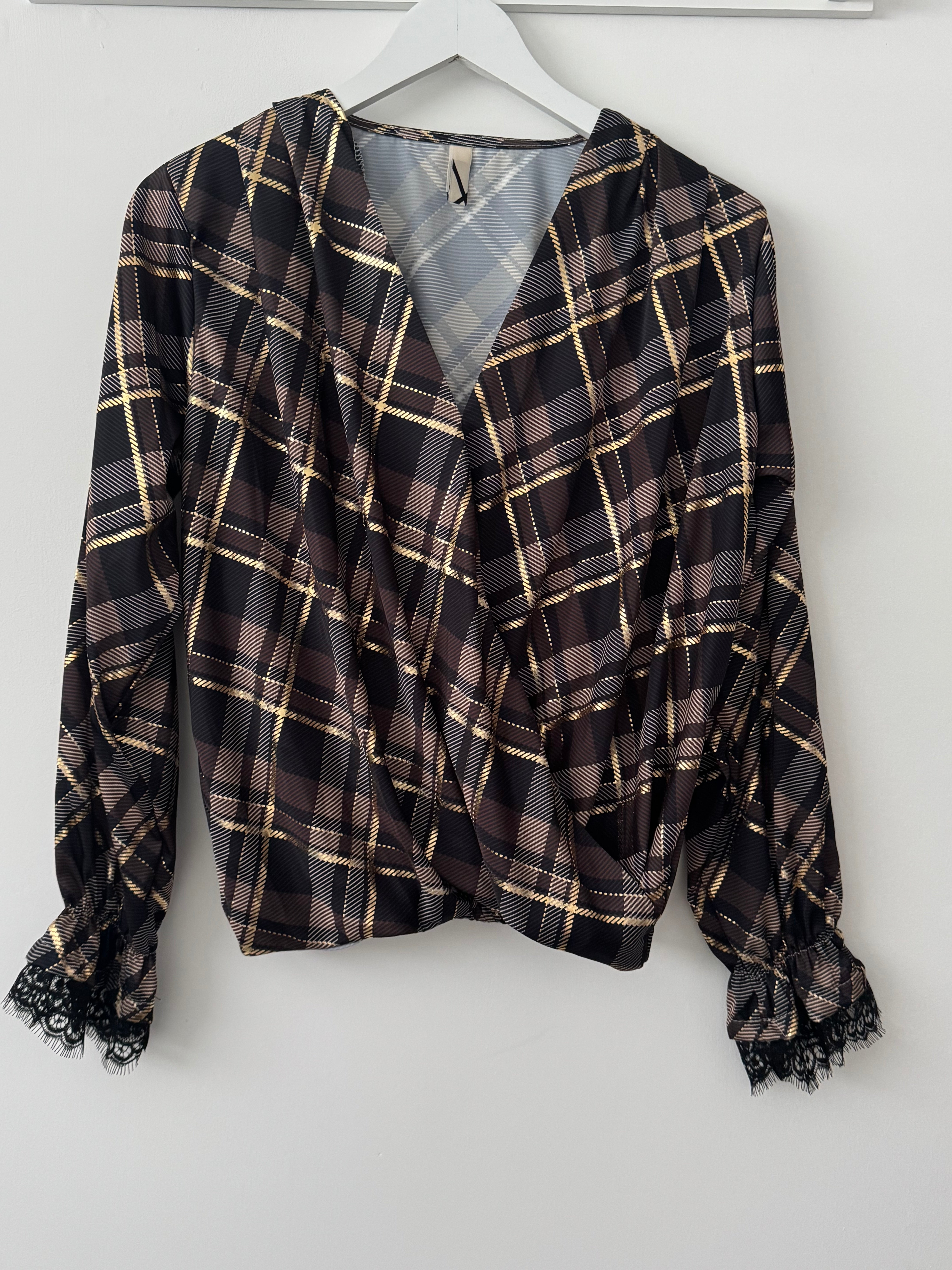 Silky Check Blouse in Chocolate & Black