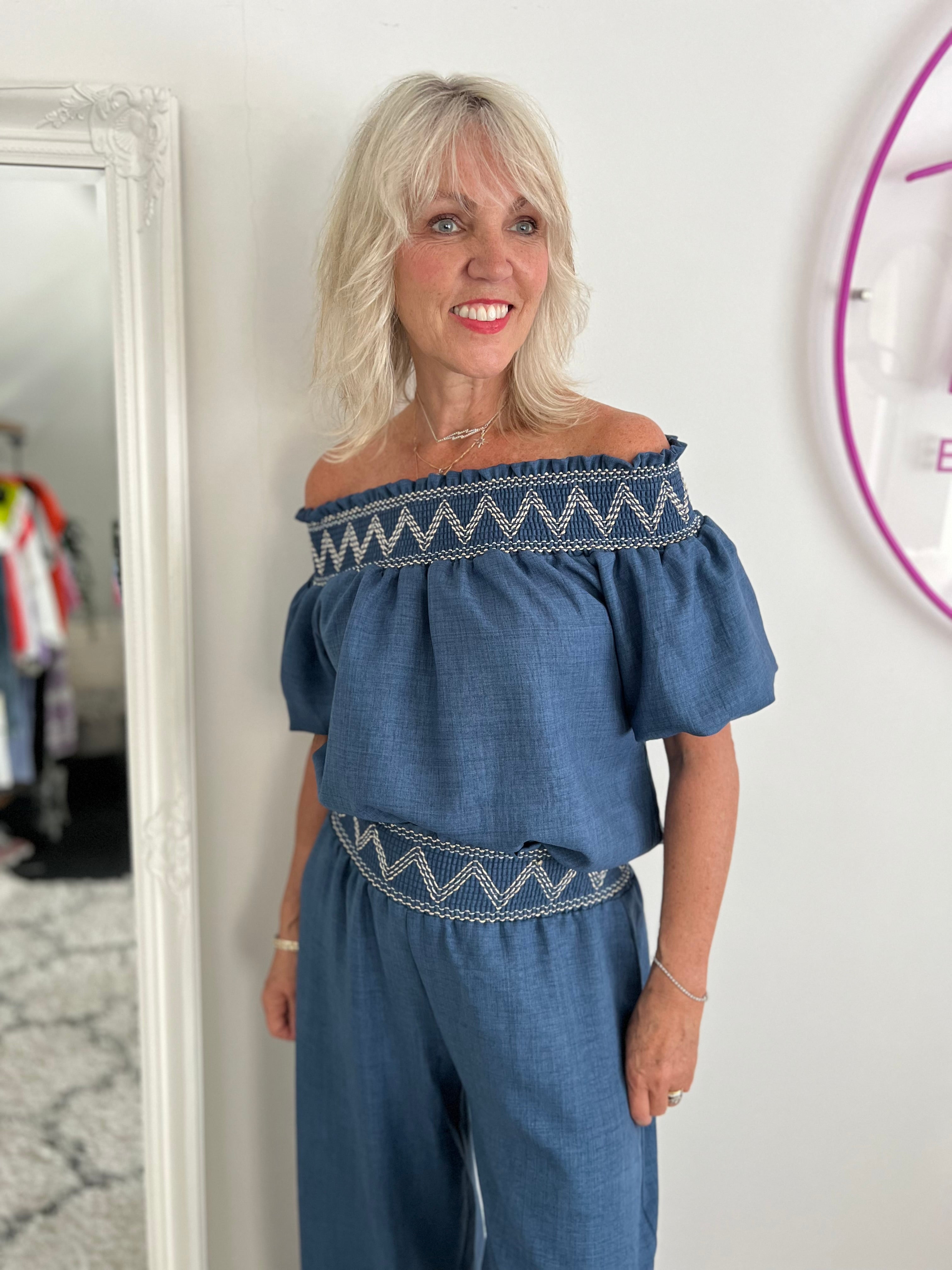 Bardot Embroidered Top in Blue