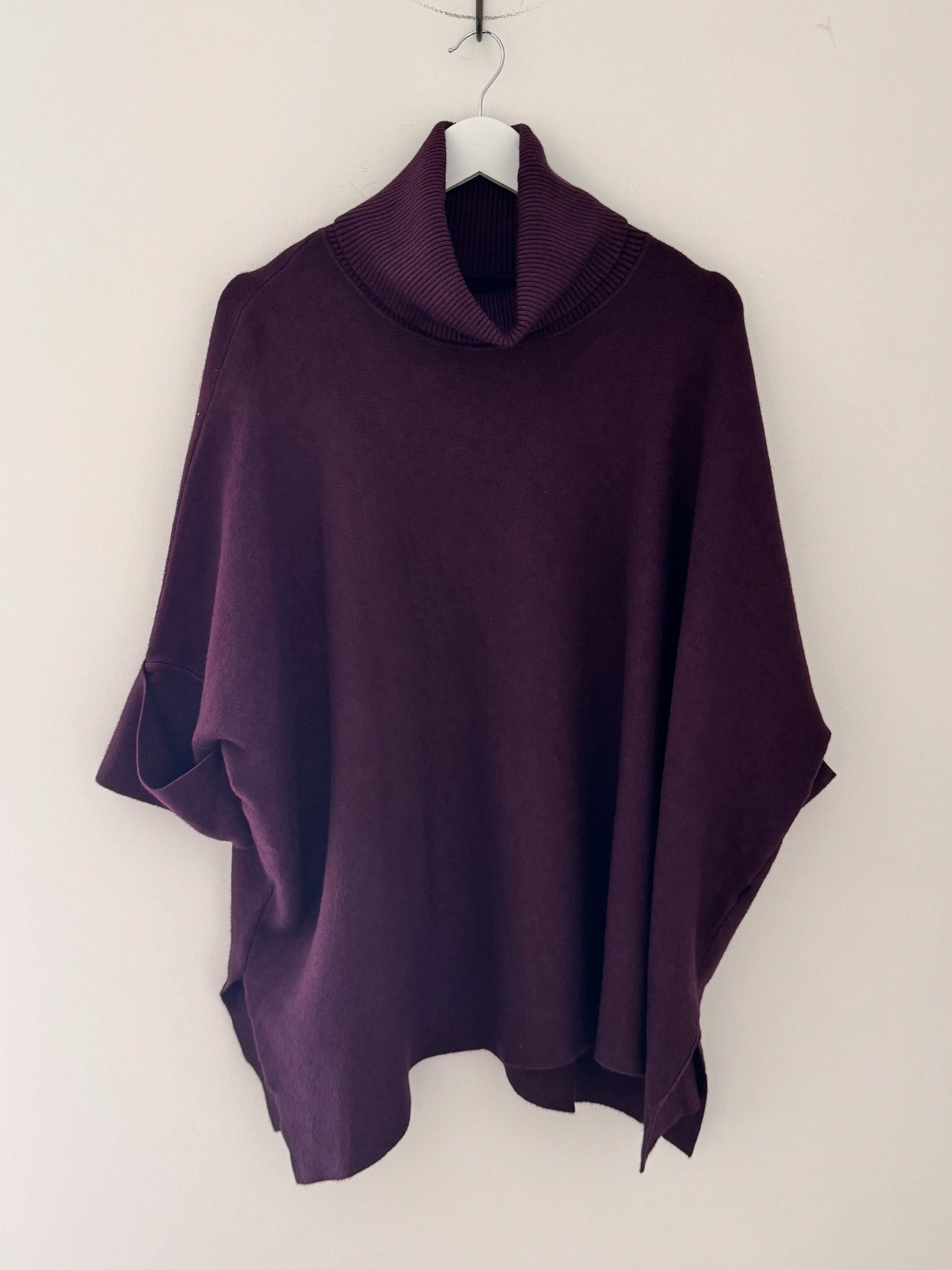 Oversized Roll Neck Poncho Jumper in Plum