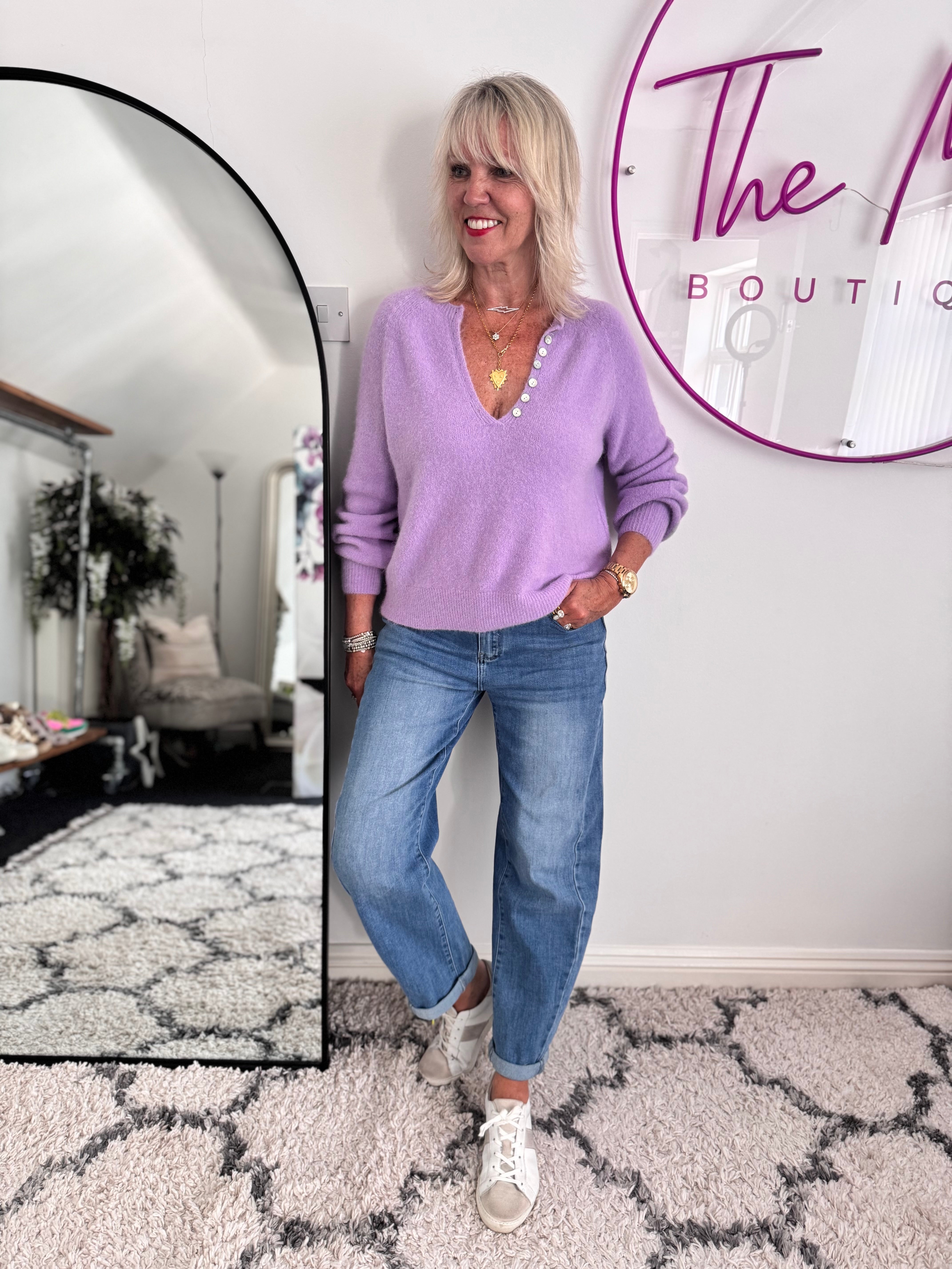 Softie Jumper with Button Neck in Lilac