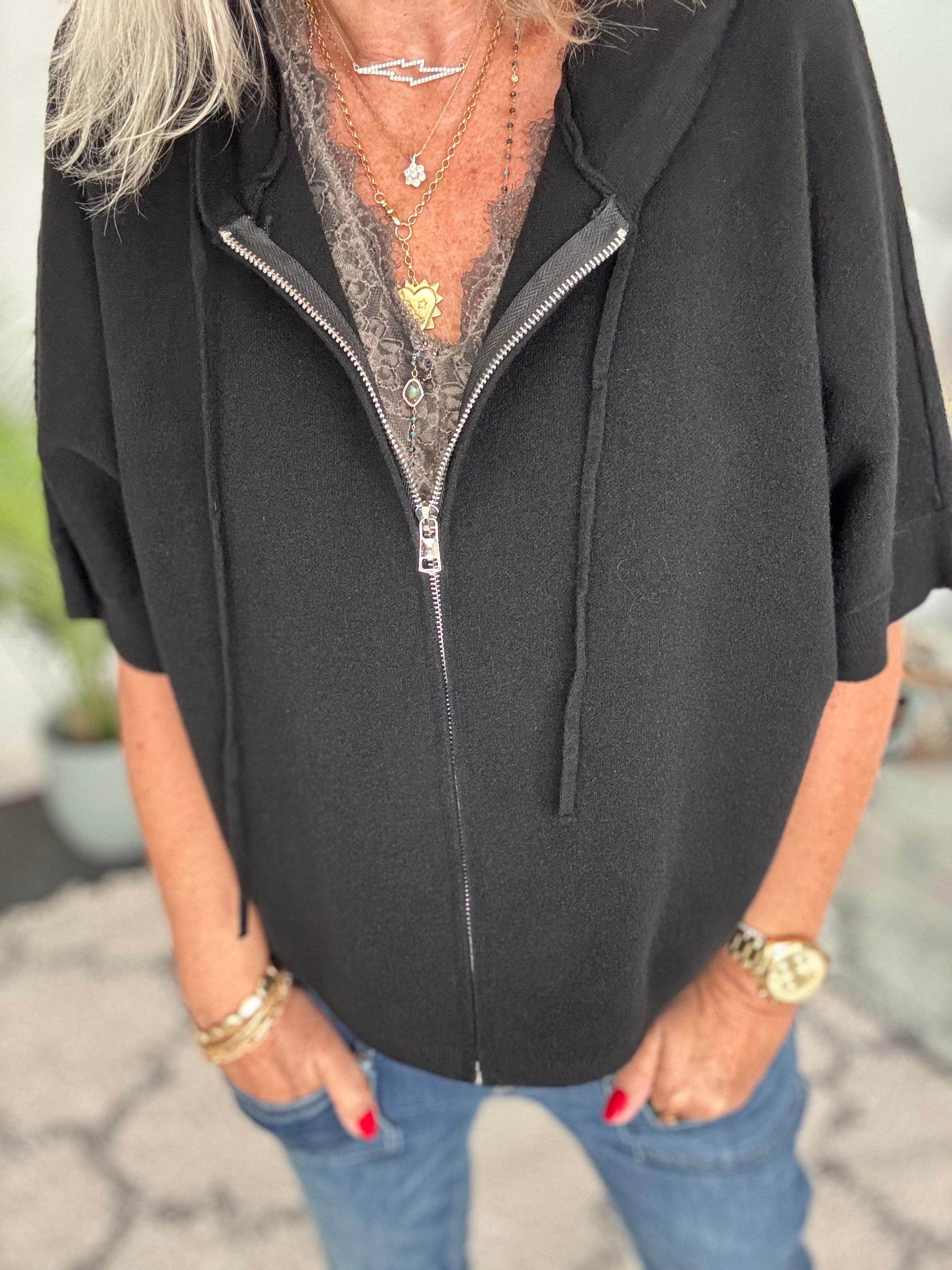Soft Hooded Zipped Knit in Black