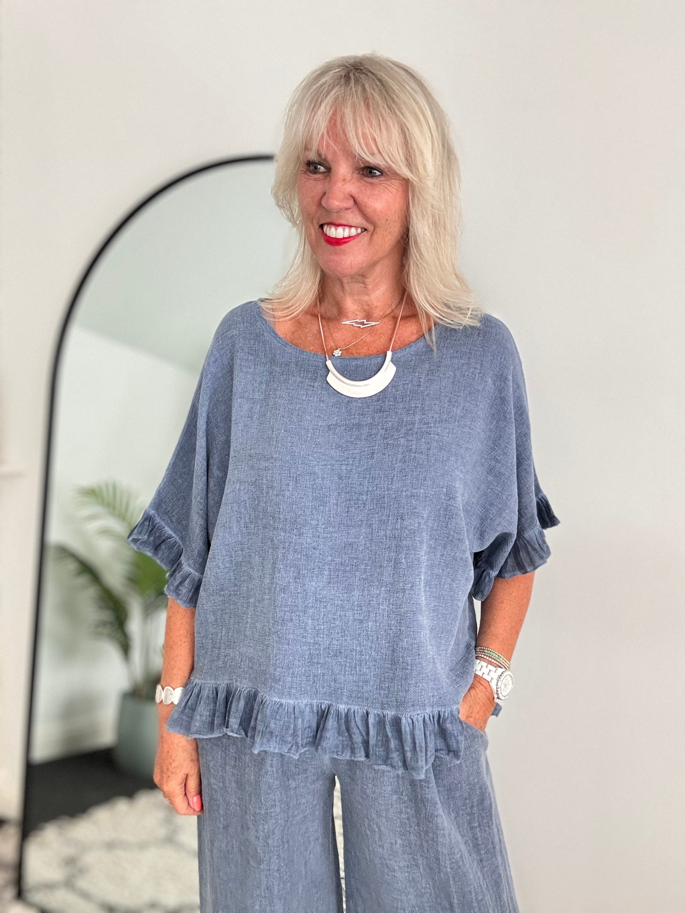 Linen & Cotton Ruffle Edge Top in Denim Blue