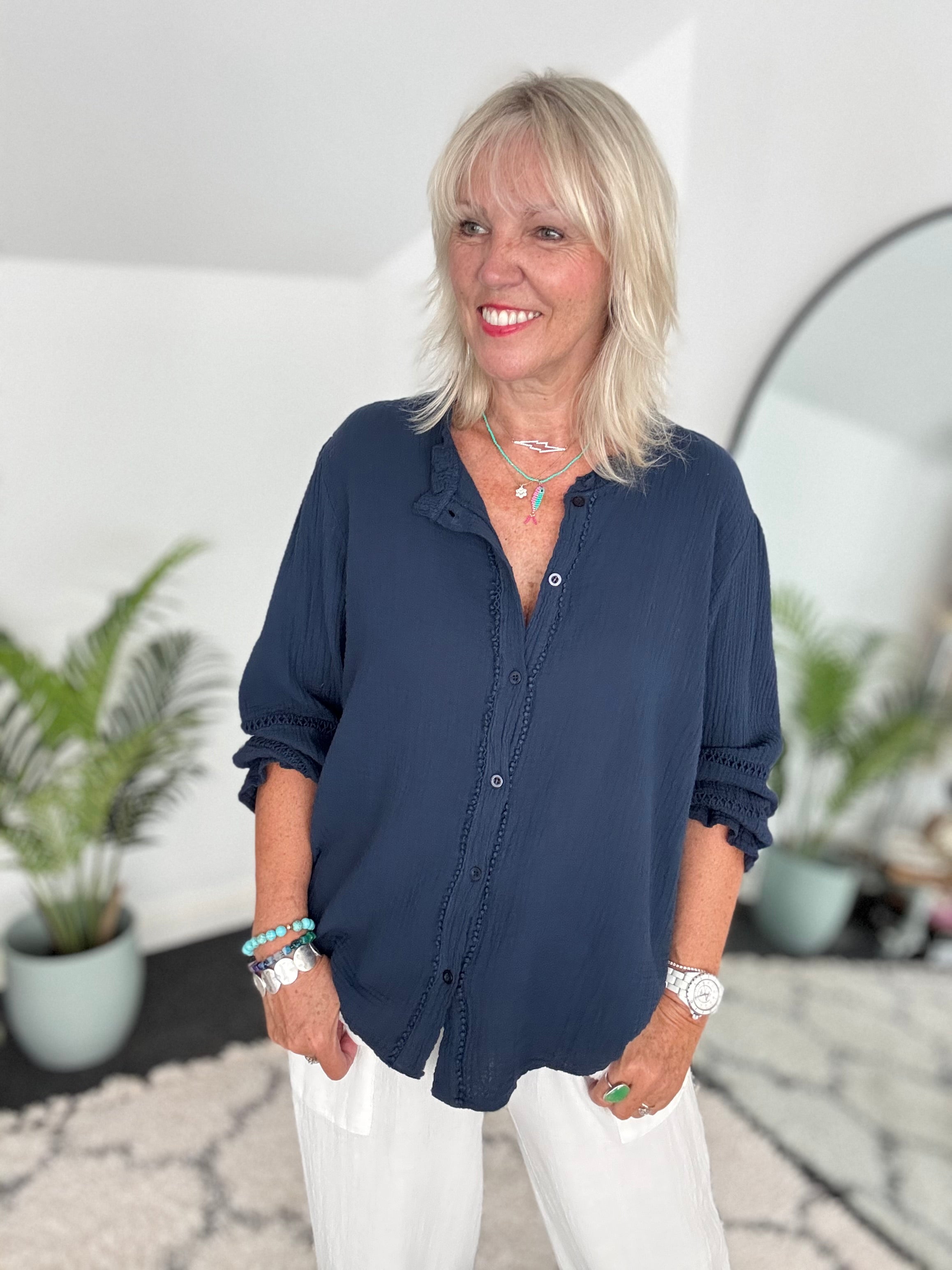 Detailed Cheesecloth Shirt in Navy