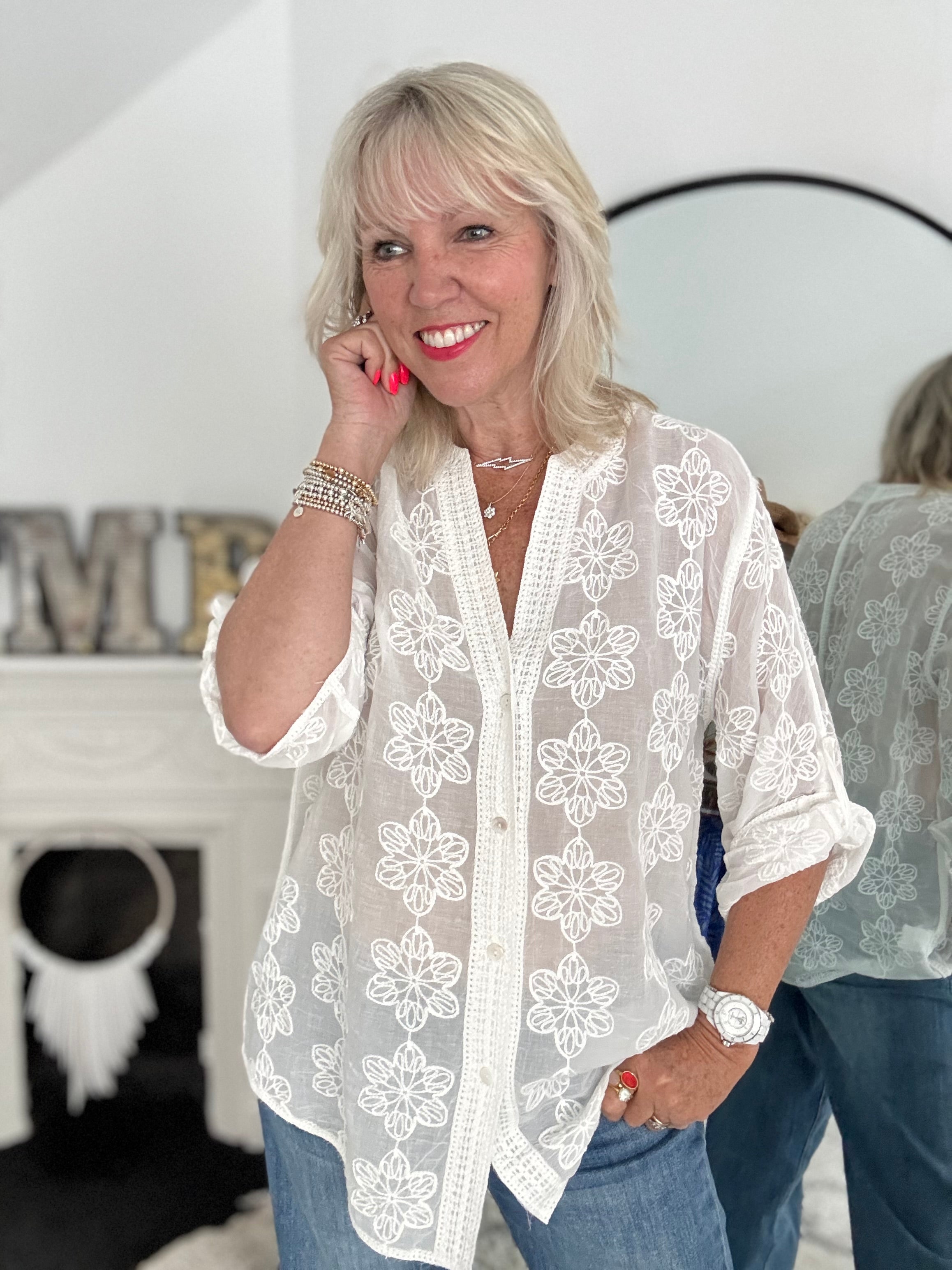 Embroidered Buttoned Top in Ivory