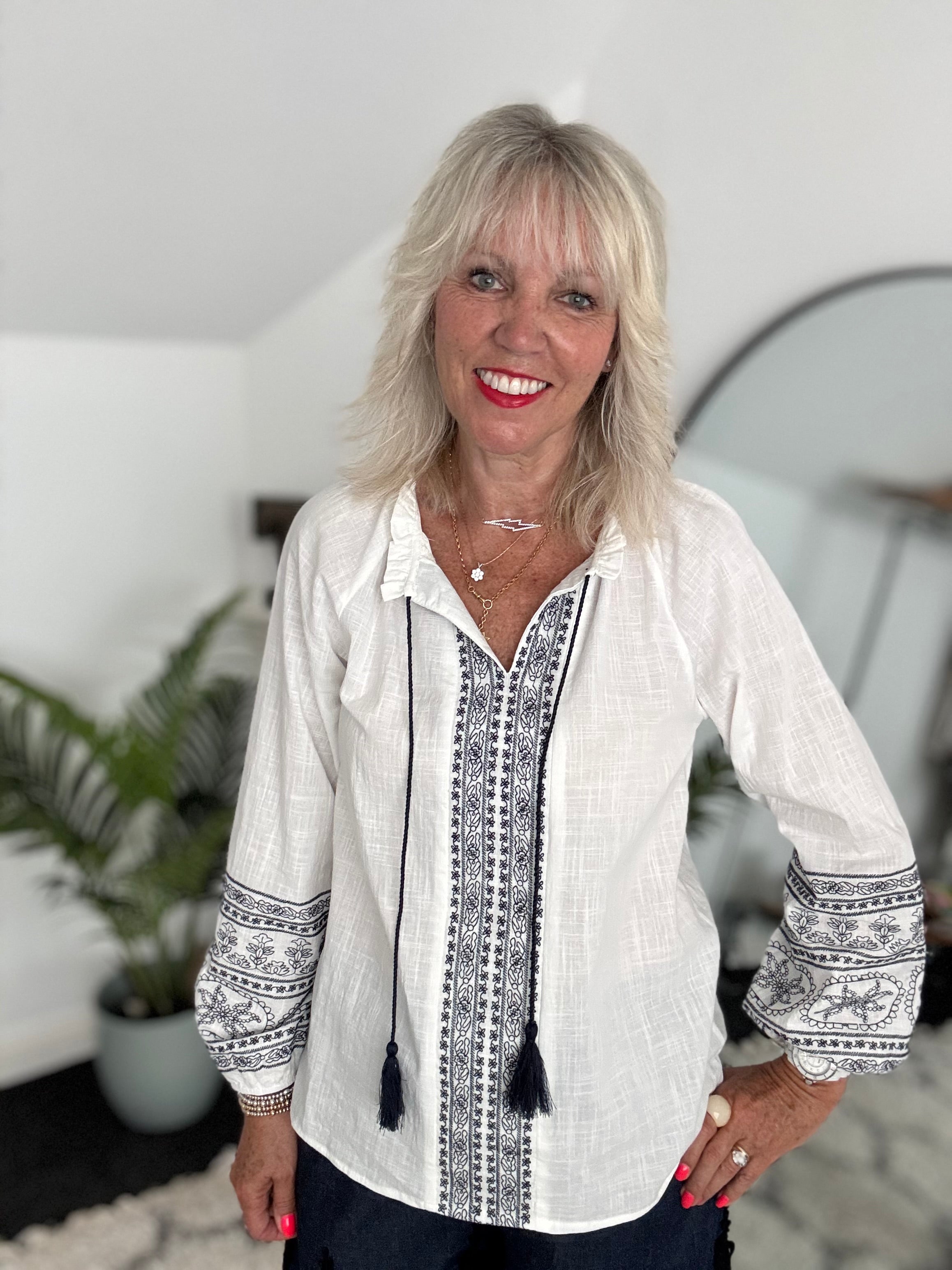 Embroidered Cotton Blouse in White & Navy