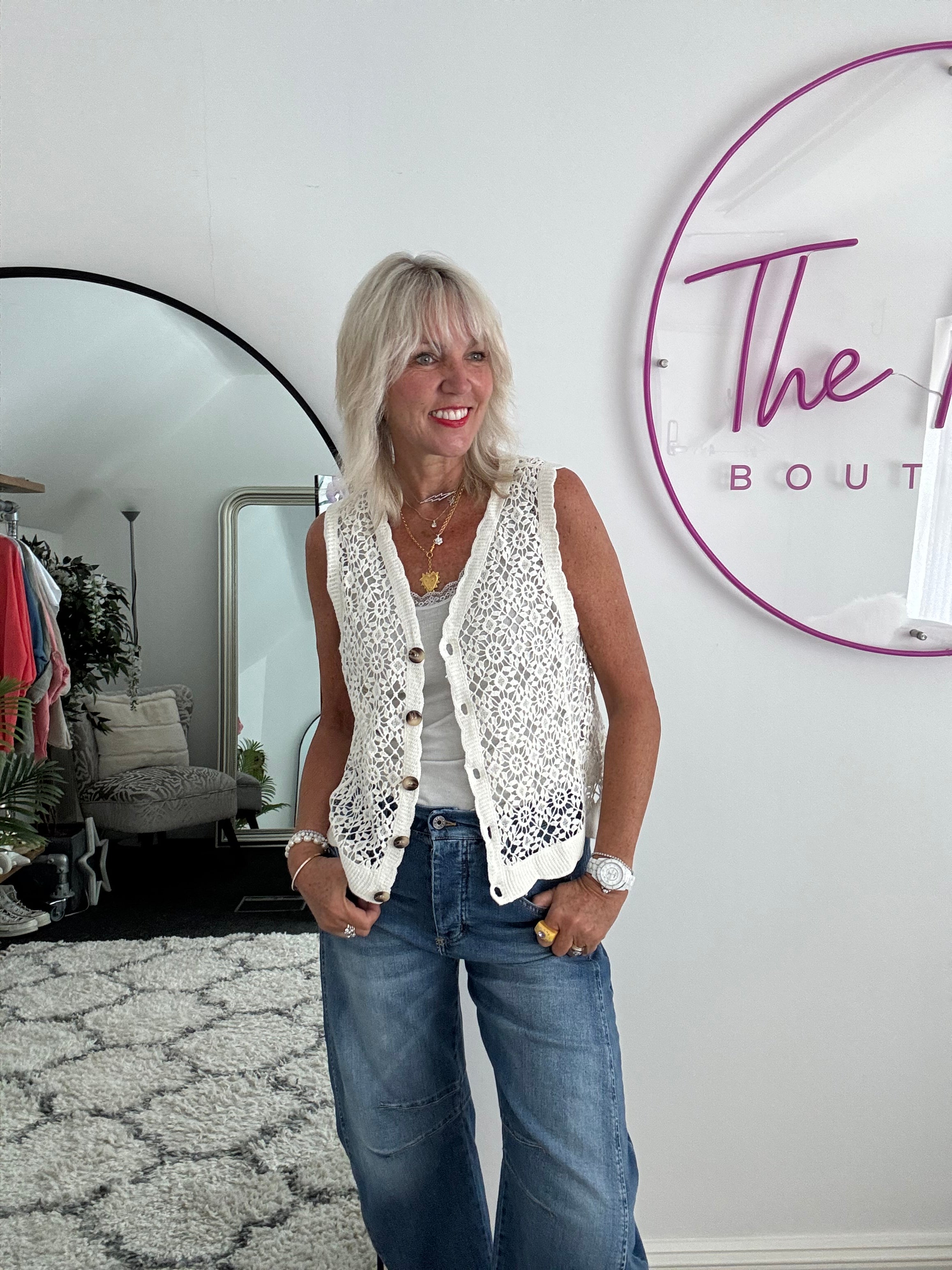 Crochet Buttoned Waistcoat in Ivory