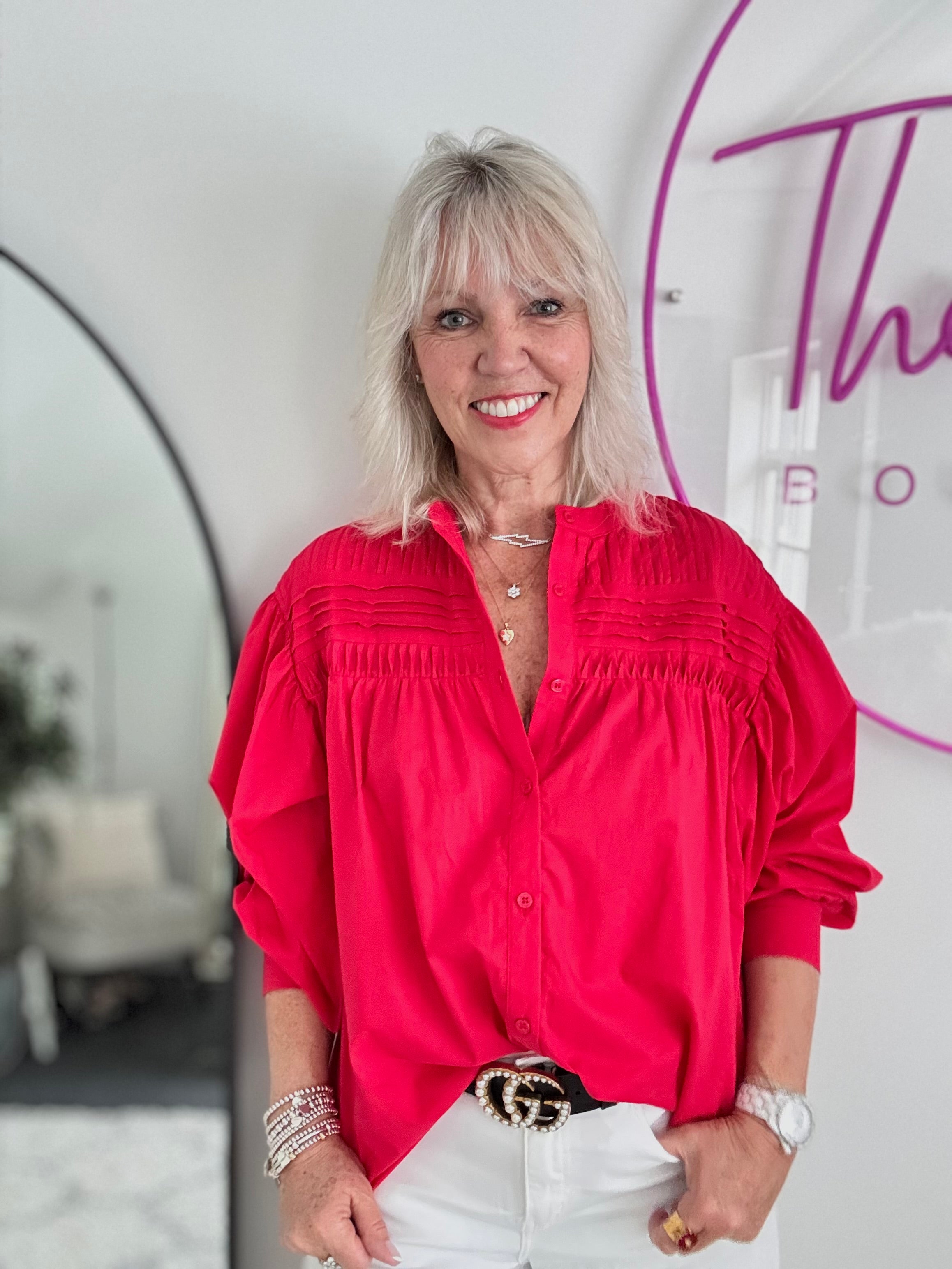 Pintucked Cotton Shirt in Red