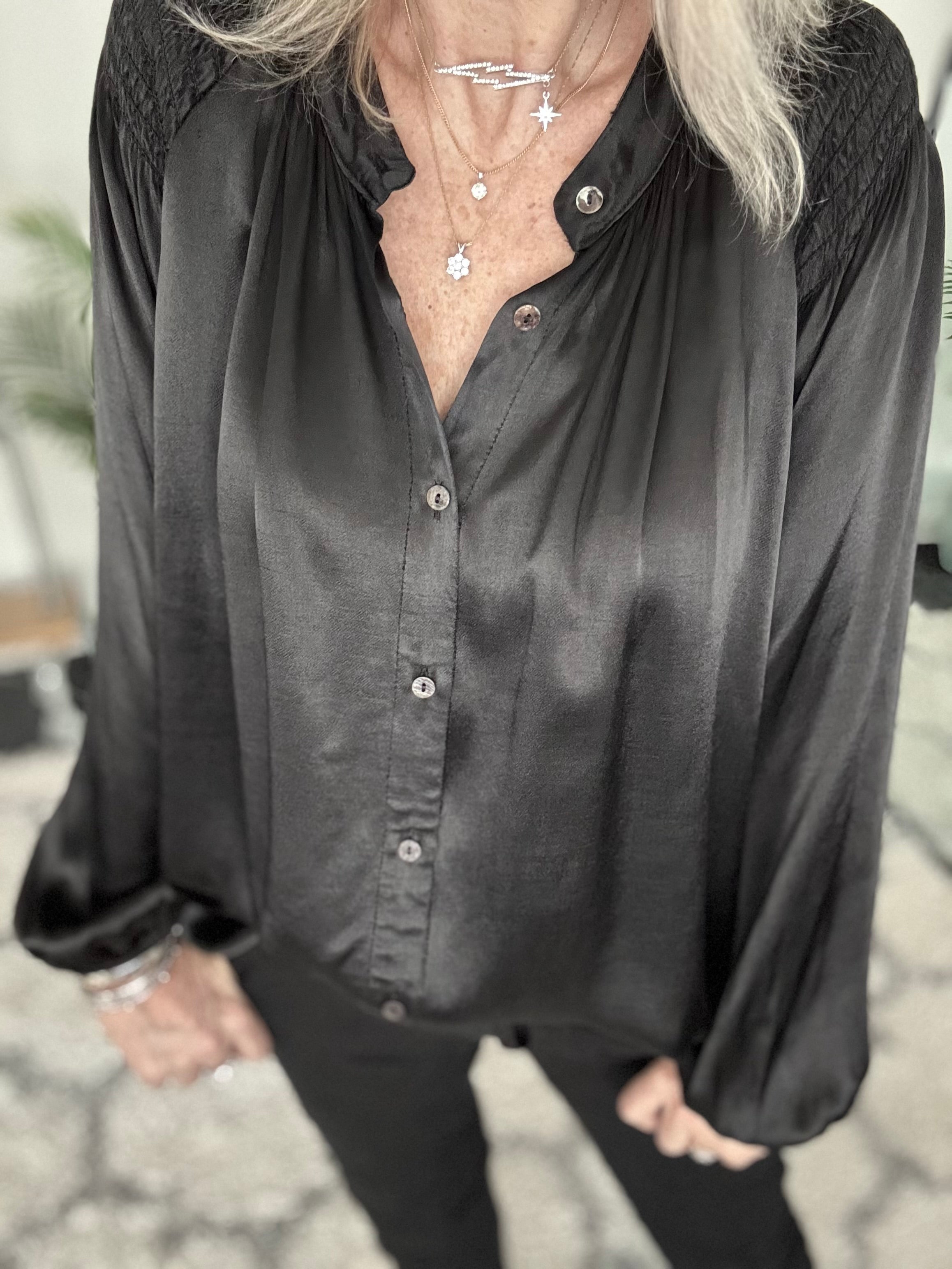 Silky Shirred Blouse in Black