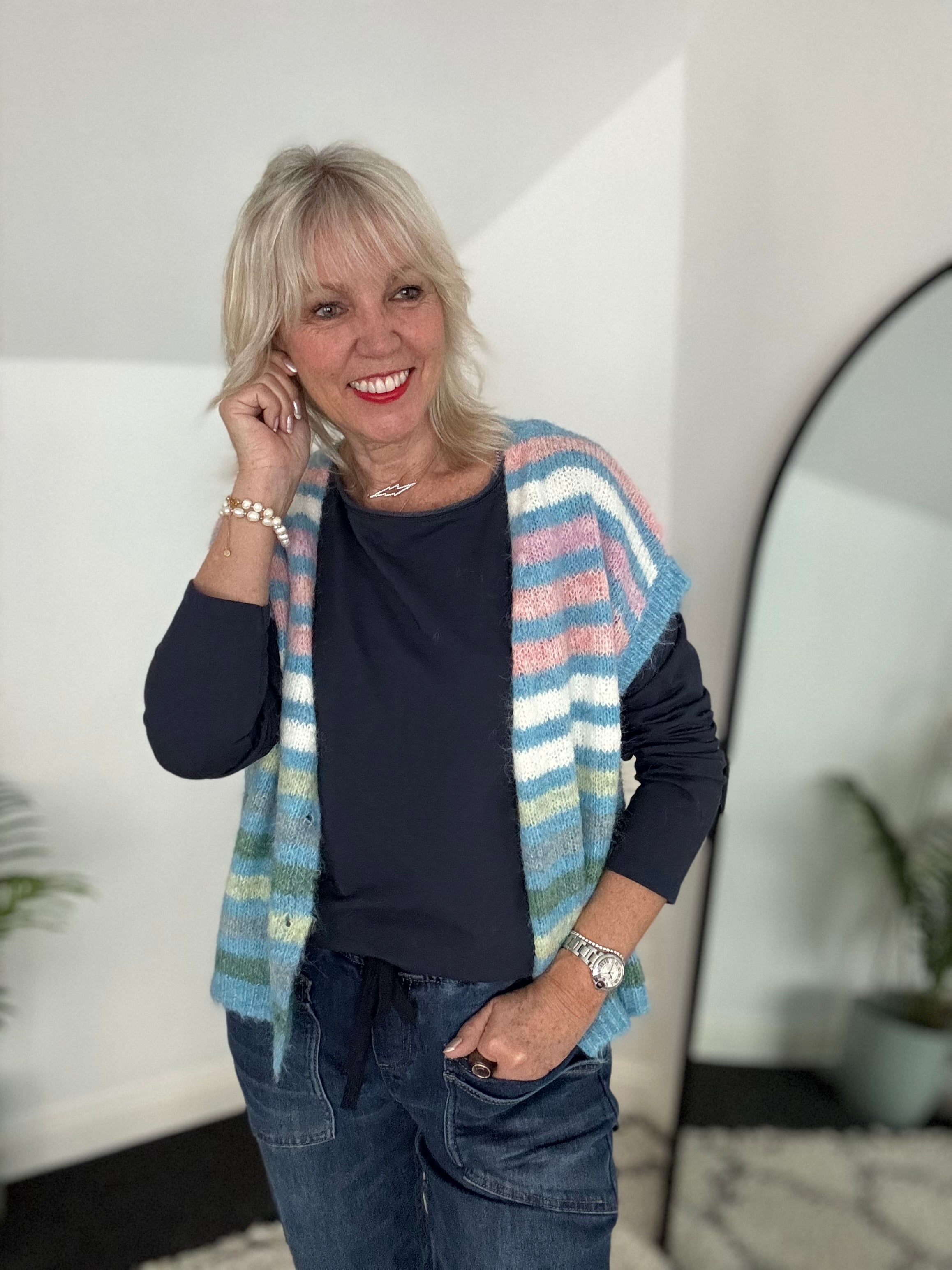 Stripe Button Tank in Blue & Pink