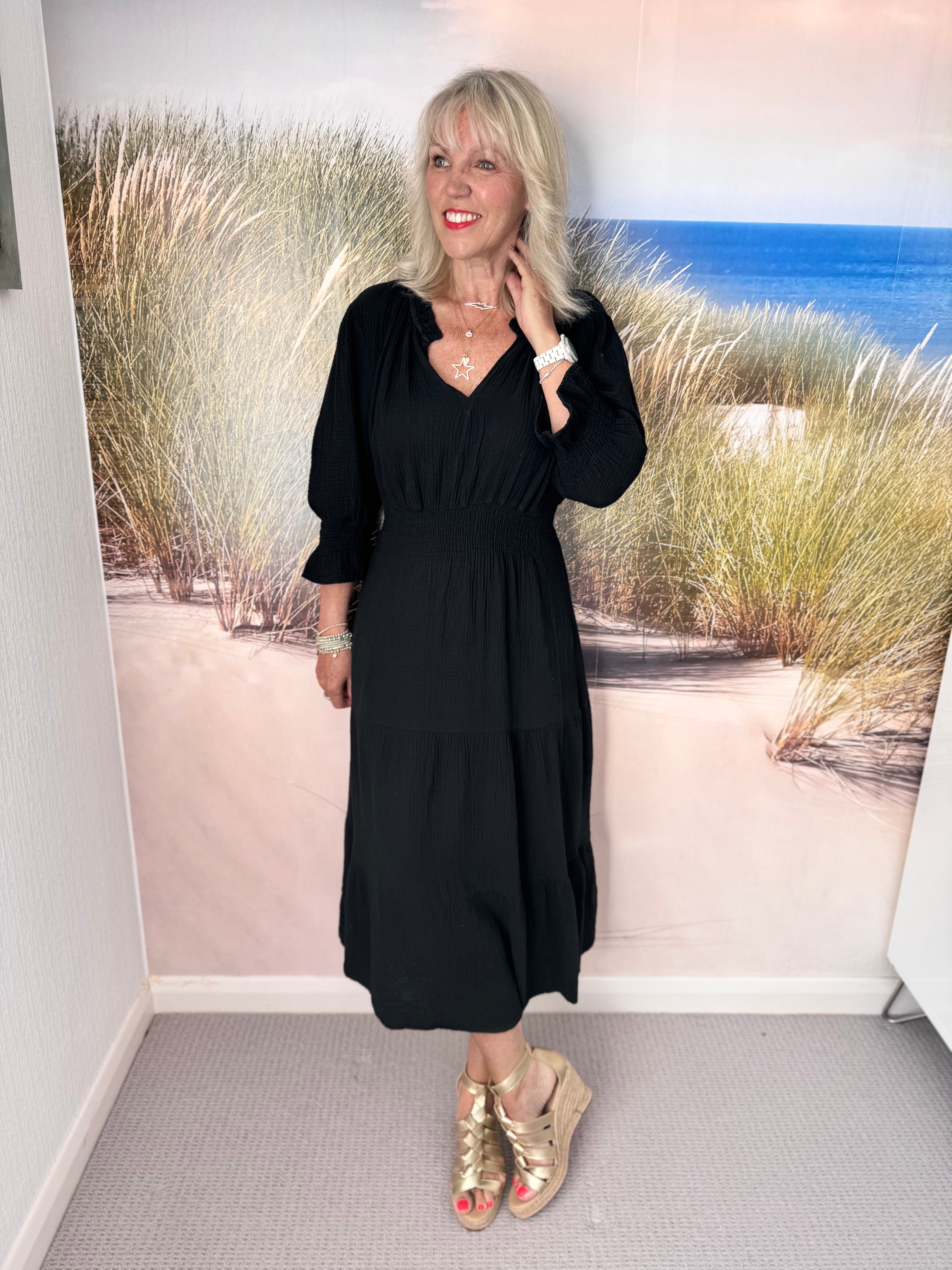 Cheesecloth Midi Dress in Black