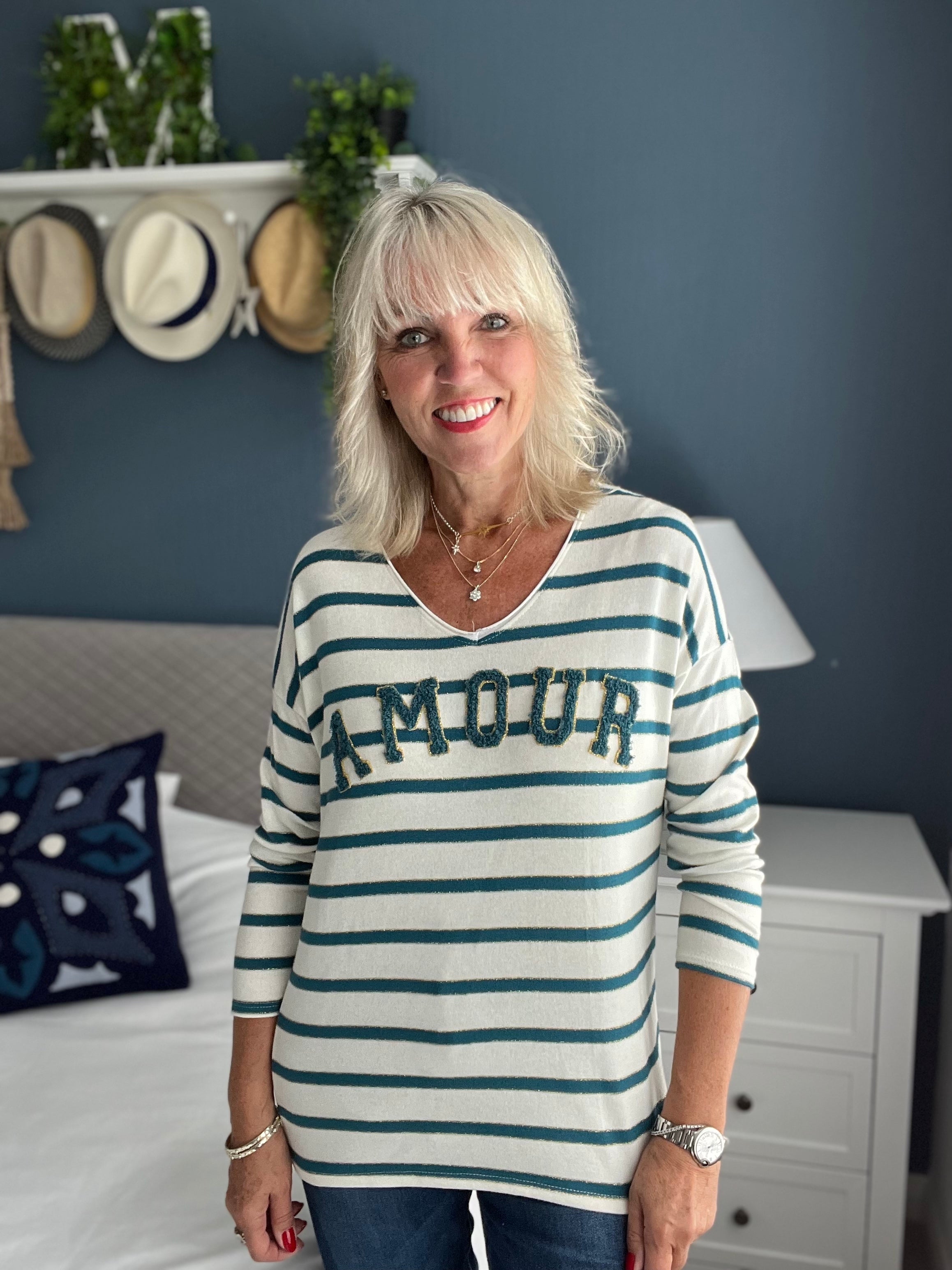 Stripe Amour Top in Teal & Ivory