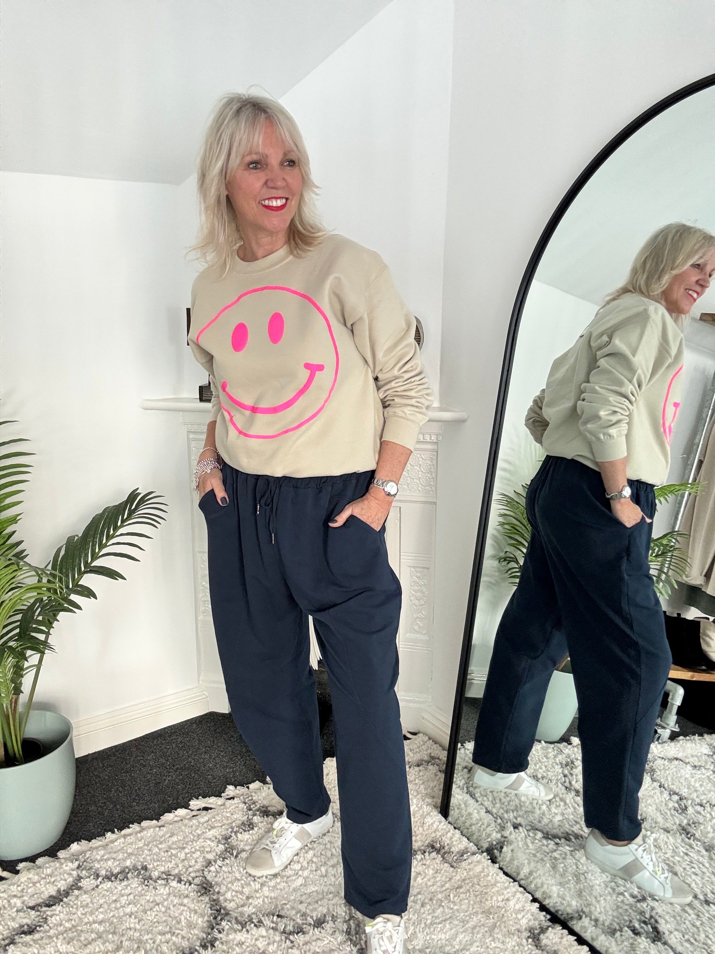 Stretch Jersey Trousers with Topstitching in Navy