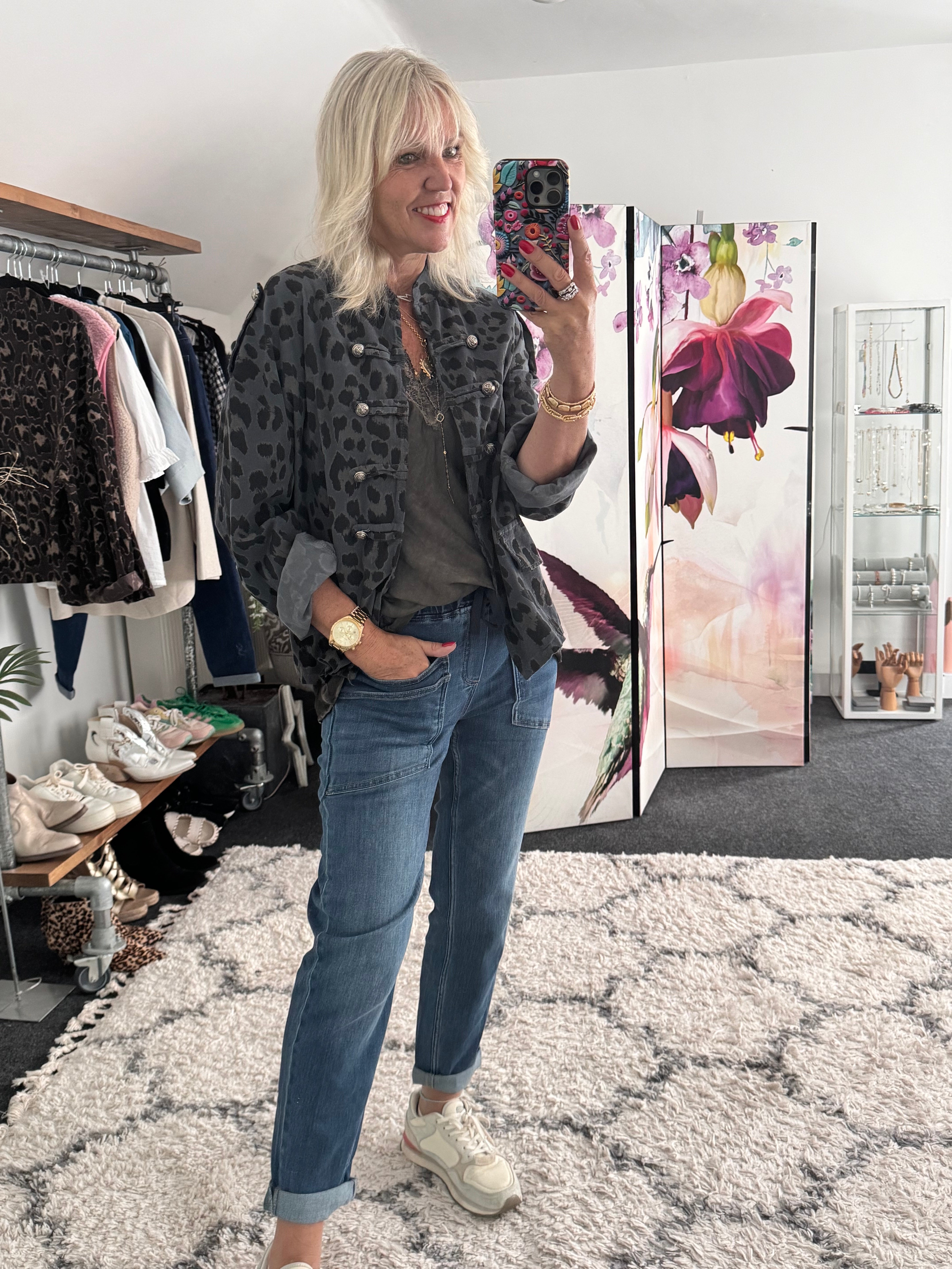Needlecord Military Jacket in Grey Leopard