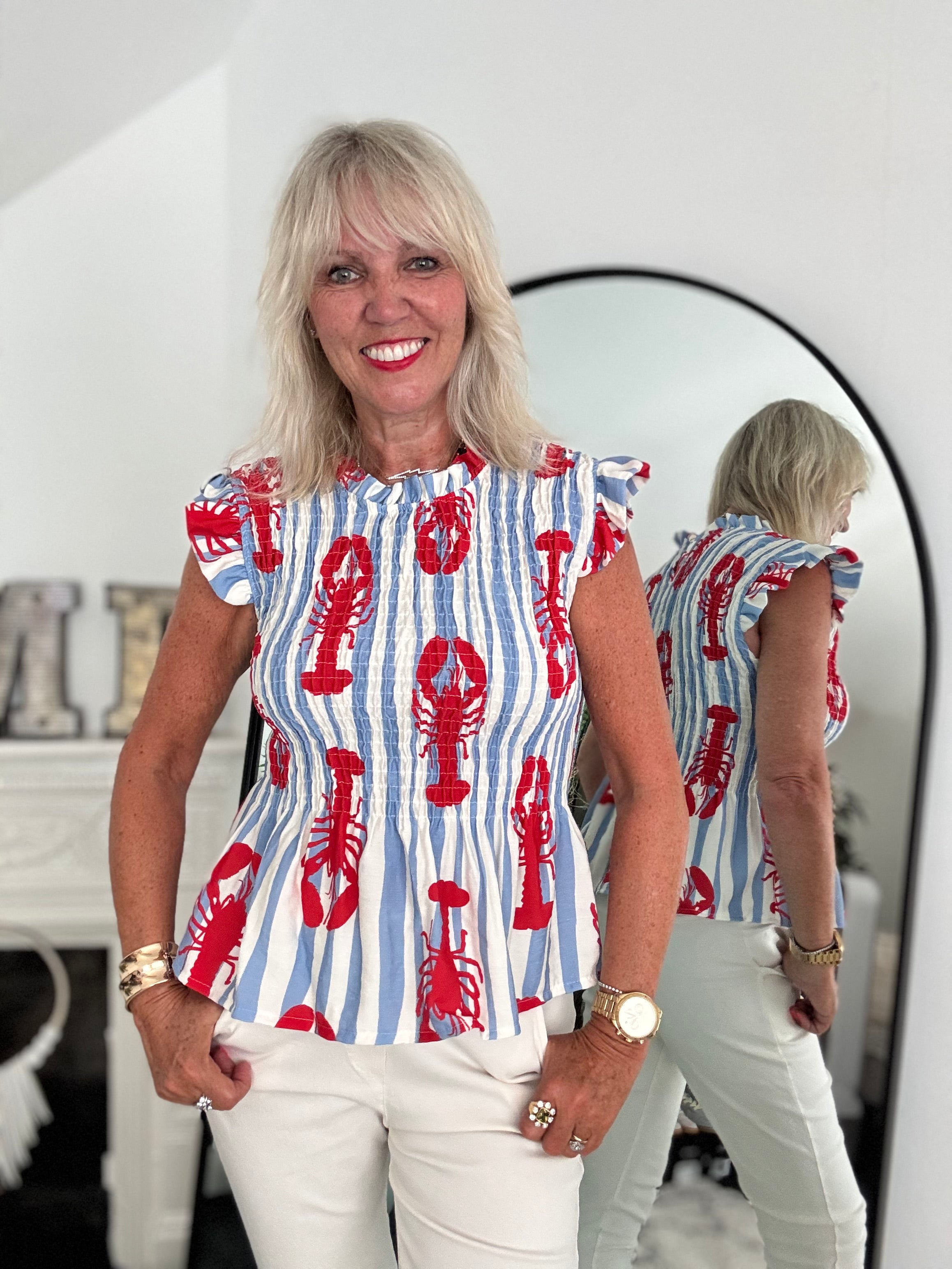 Shirred Lobster Top in Blue & Red