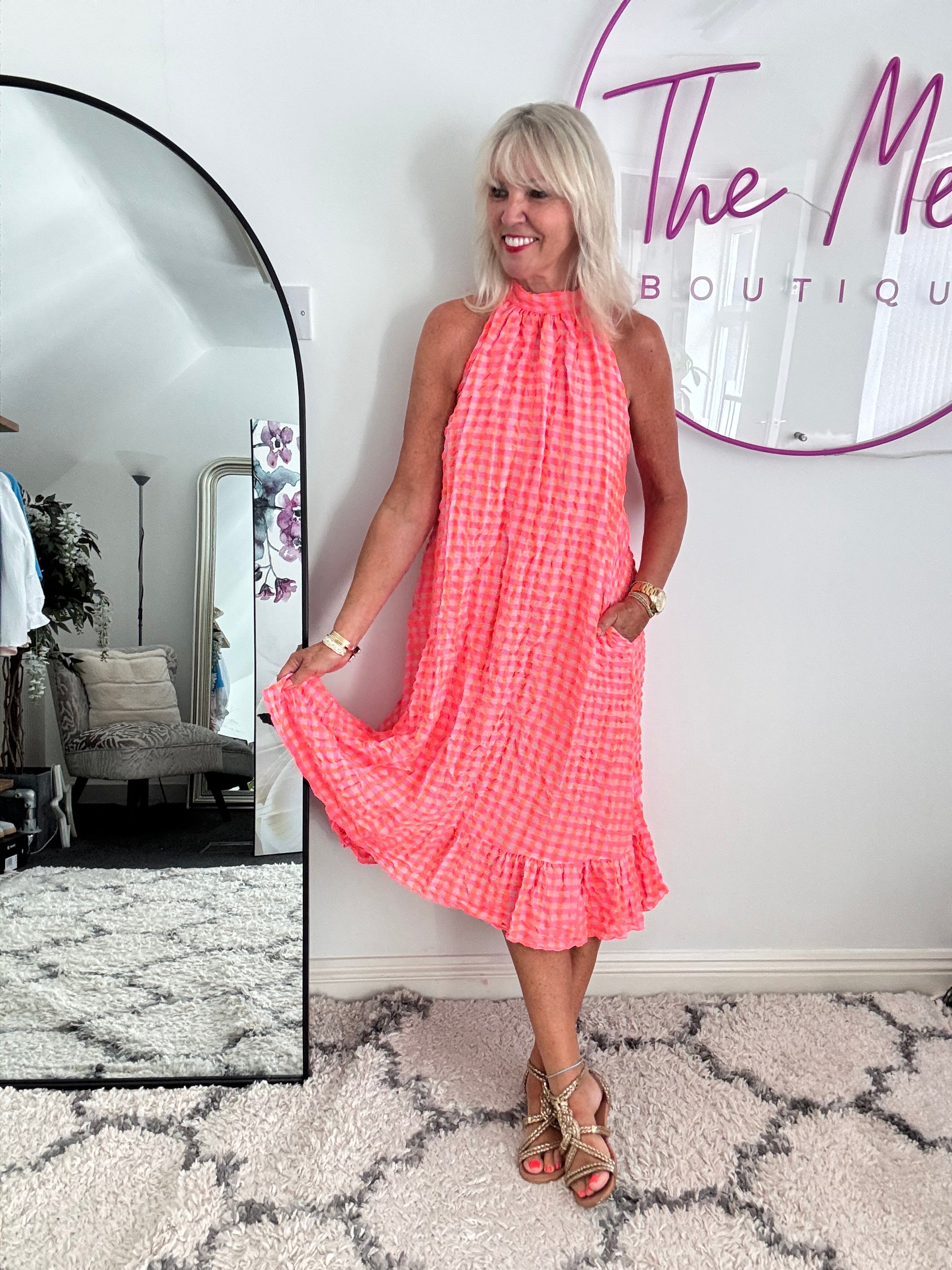 Halterneck Check Dress in Neon Pink & Orange