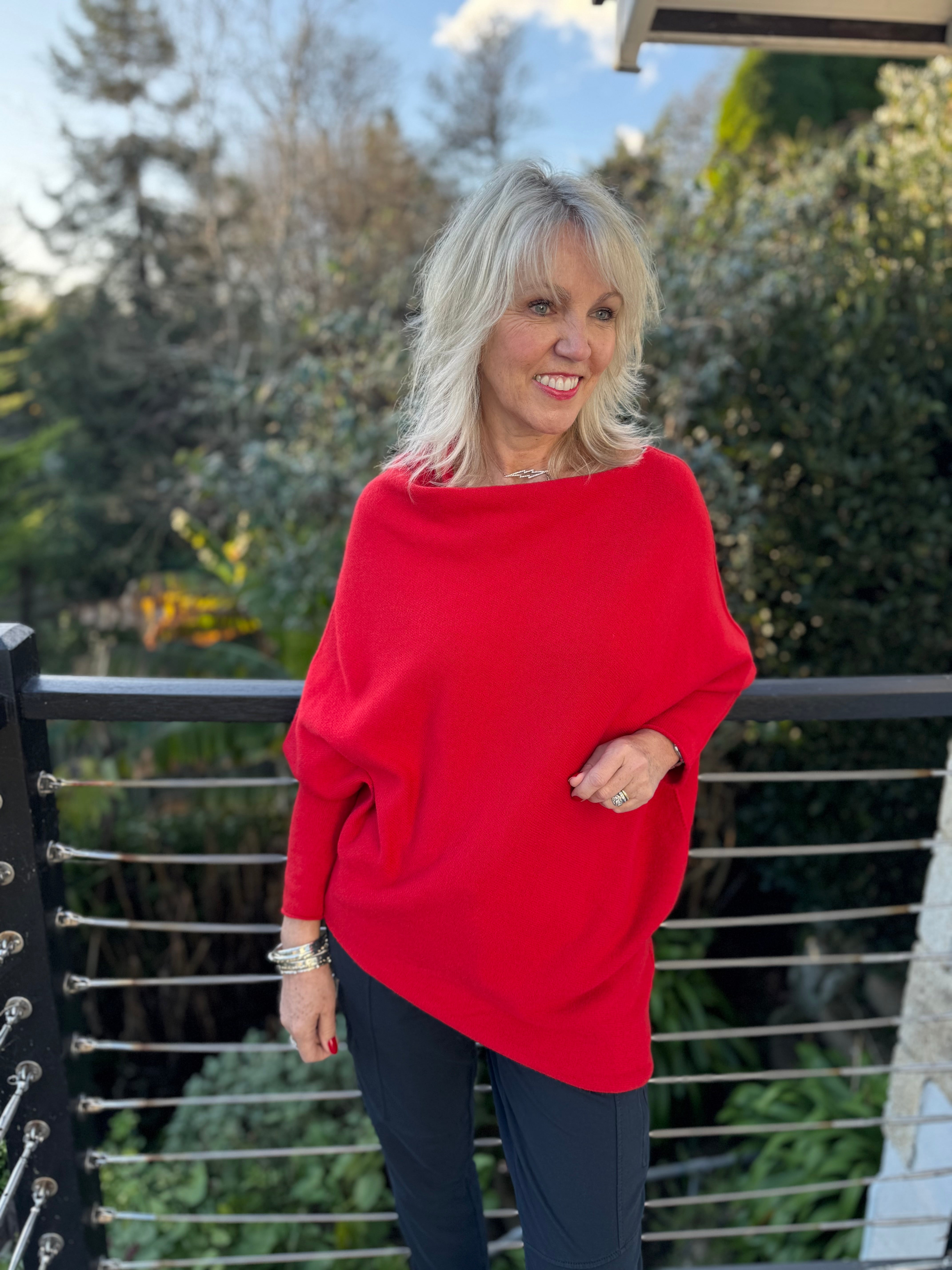 Cowl Neck Asymmetric Jumper in Red