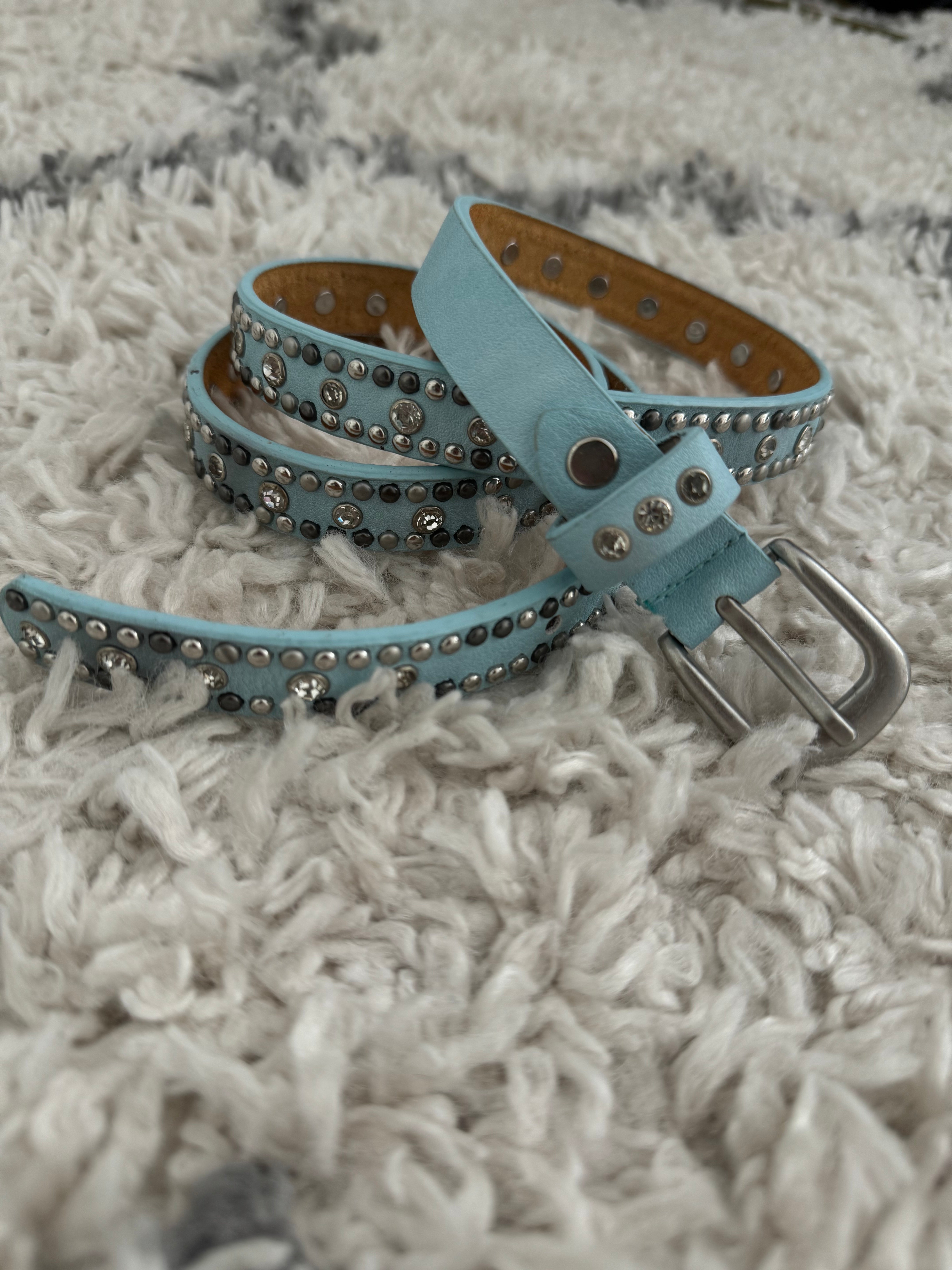 Narrow Studded Belt in Aqua Blue