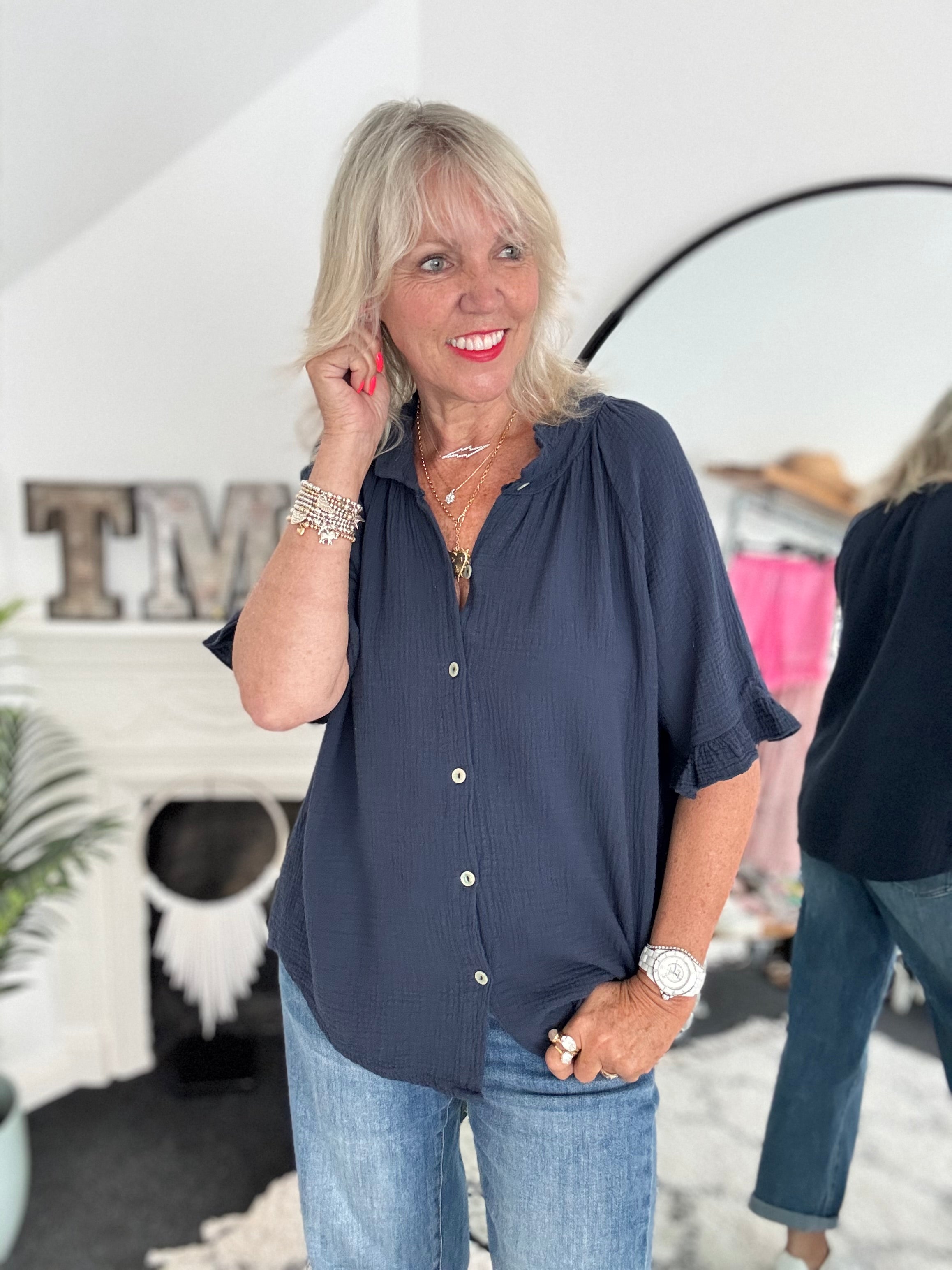 Short Sleeve Cheesecloth Shirt in Navy