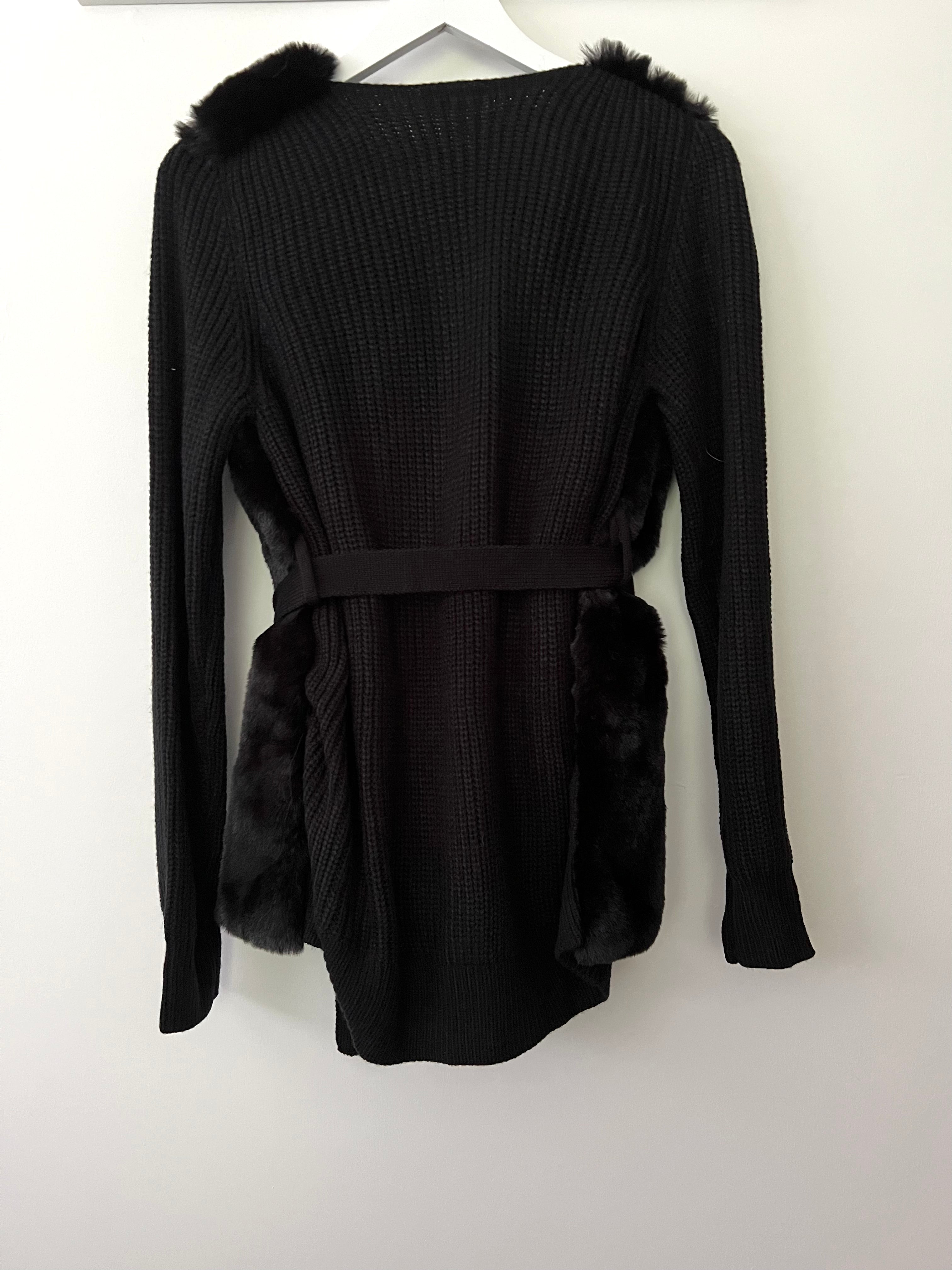 Belted Cardigan with Faux Fur in Black