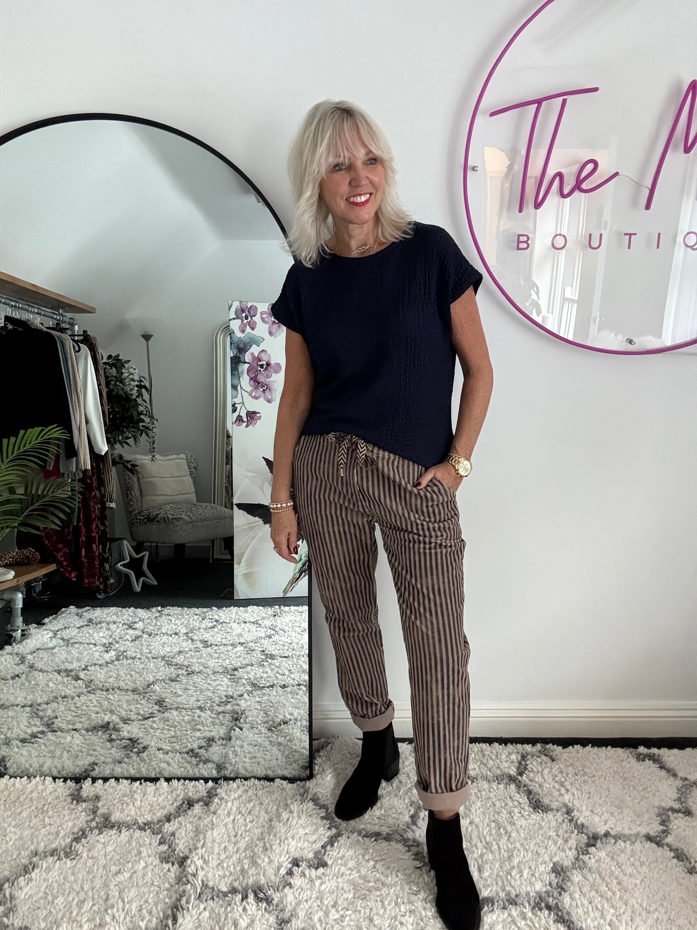 Chenille Cord Joggers in Mocha & Blue Stripe