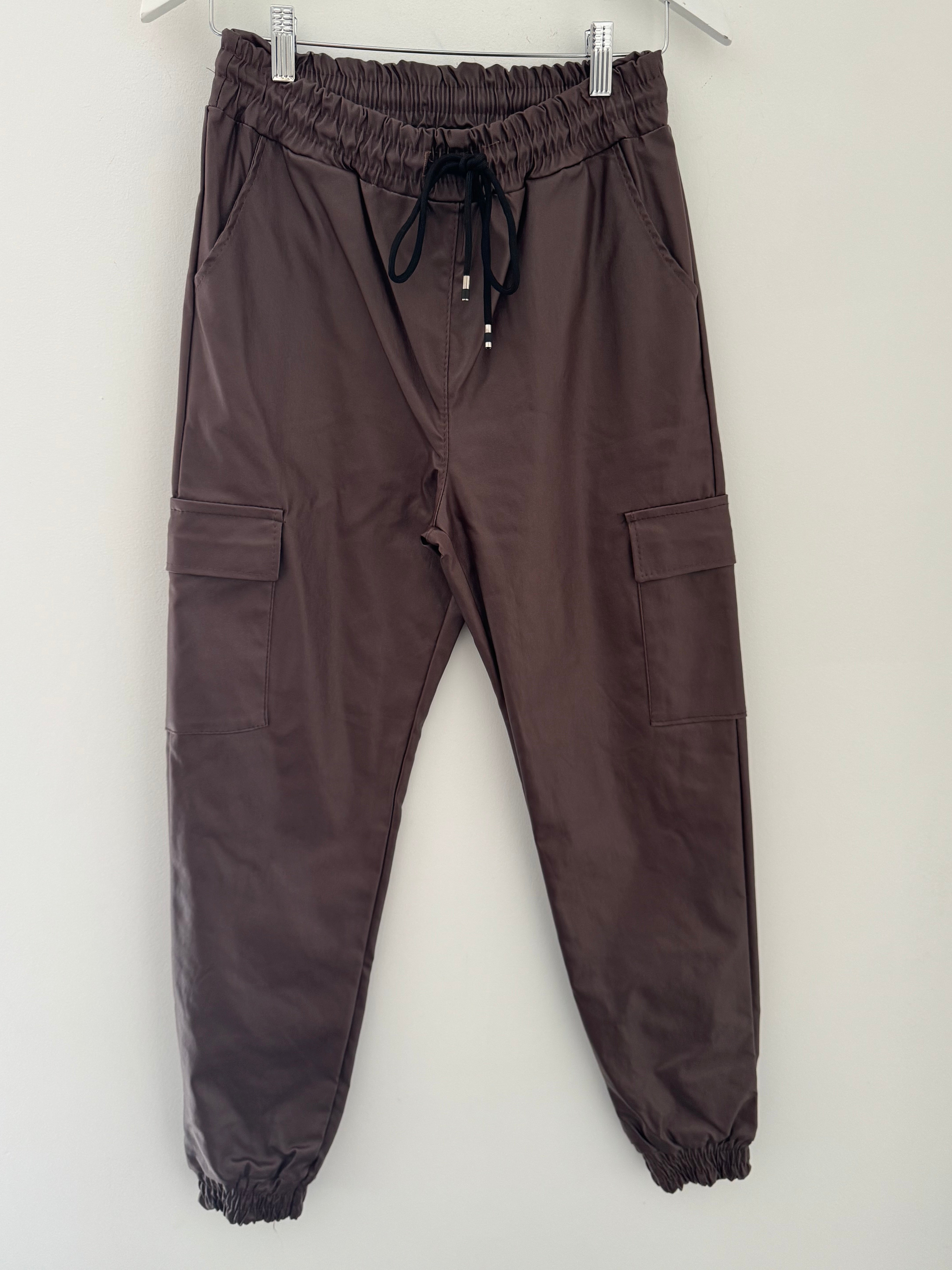Leather Look Cargo Joggers in Chocolate