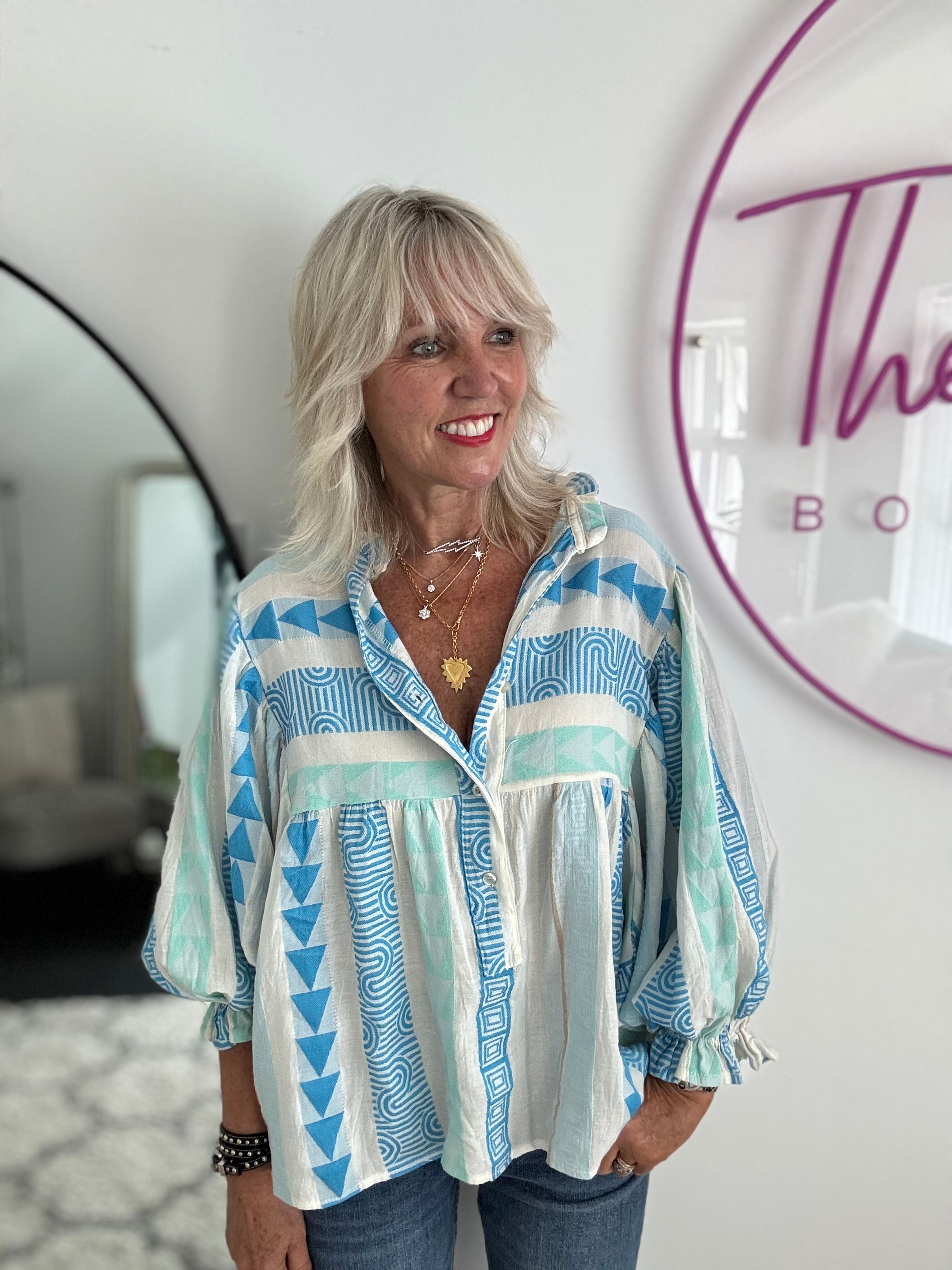 Embroidered Shirt in Blue & Mint