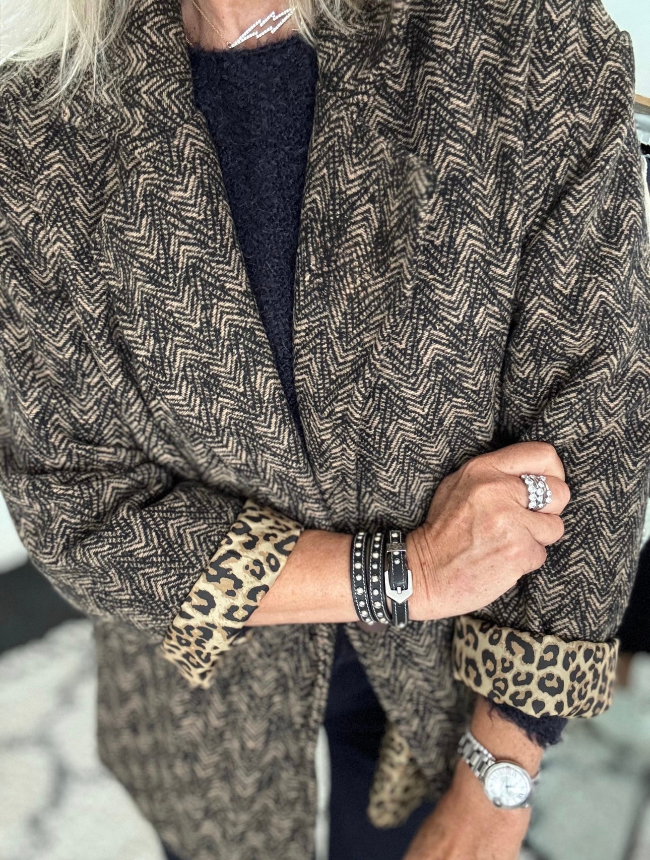 Brown Tweed Boyfriend Jacket with Leopard Lining