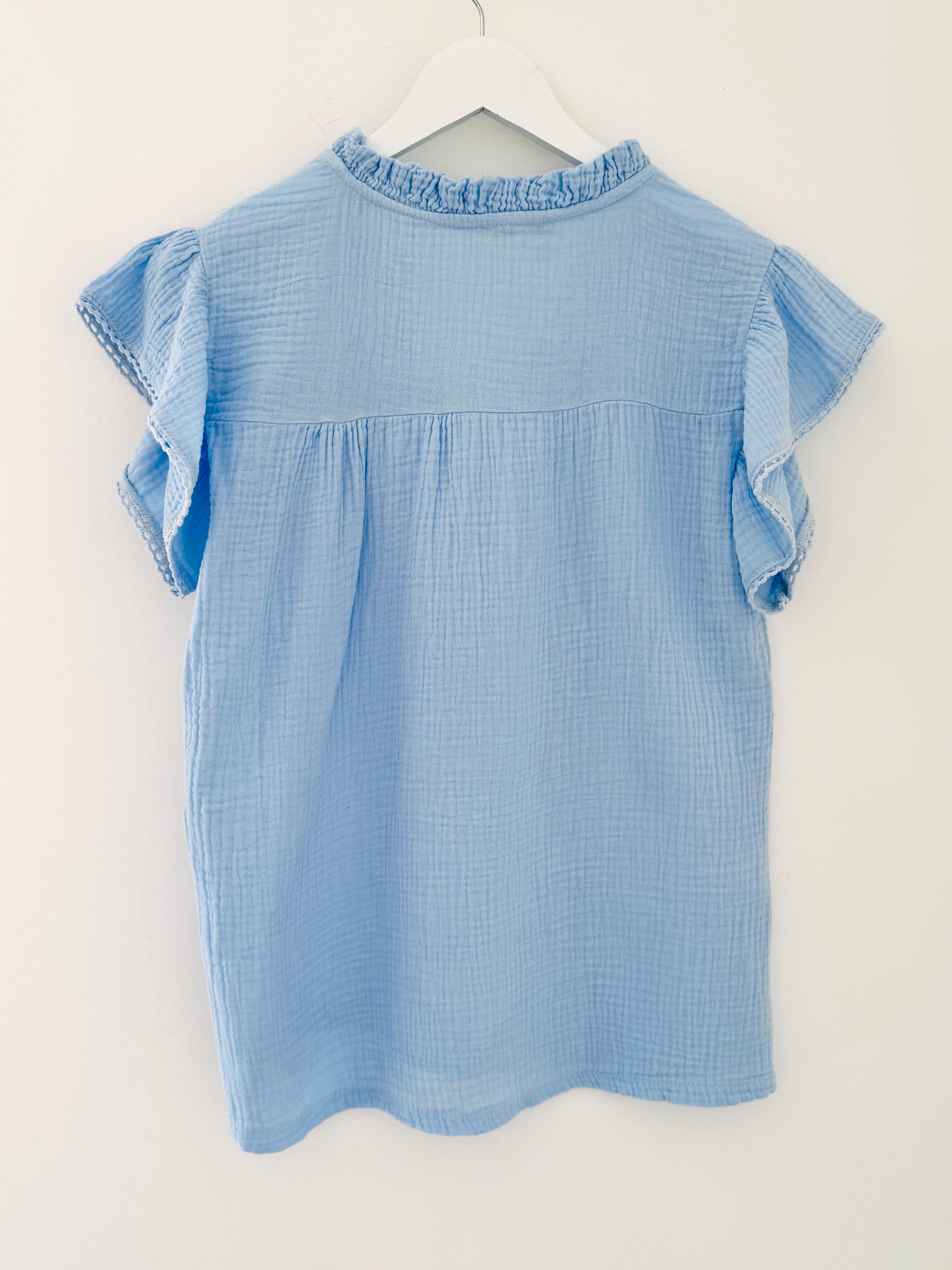 Cheesecloth Top with Ruffle Sleeves in Light Blue