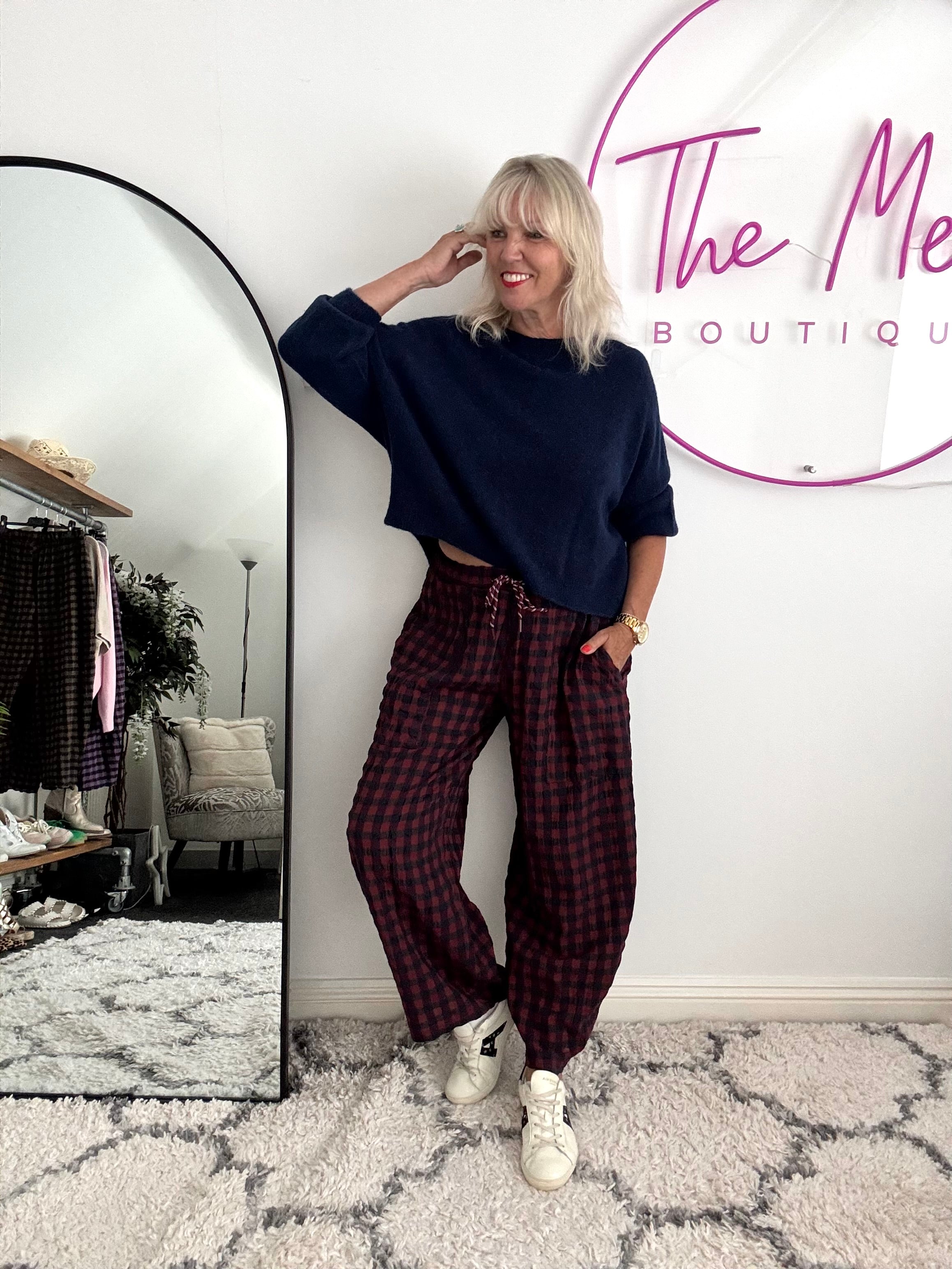 Barrel Check Trousers in Berry & Navy